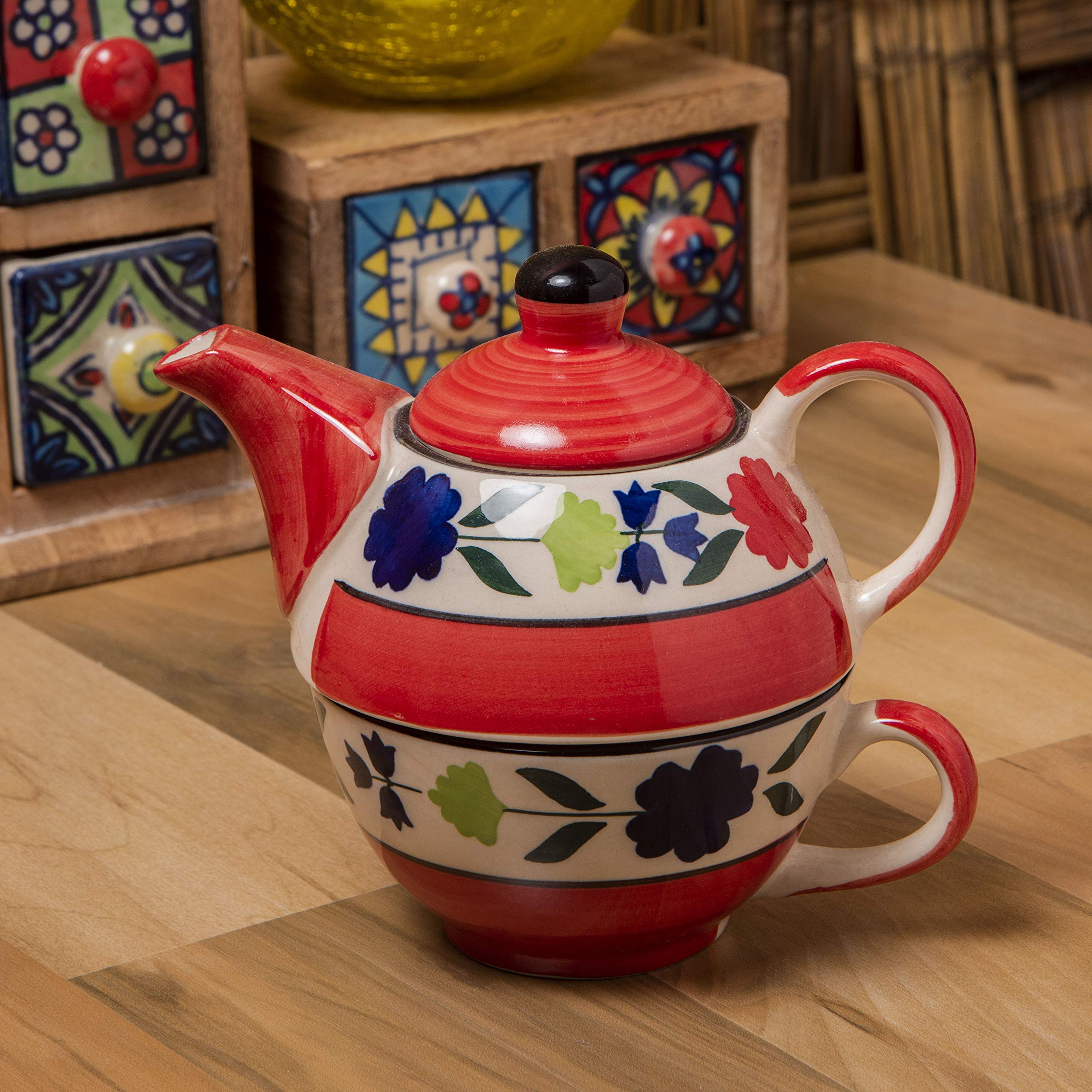 HS HINDUSTANI SAUDAGAR Bloomberry Red Ceramic Tea Pot Kettle with Cup Milk hot Water Cup with Handle teapot Set of 1 Coffee chai Kettle 300ml Masala chai Green Tea Ideal serveware for Gifting. - Image 4 thumbnail