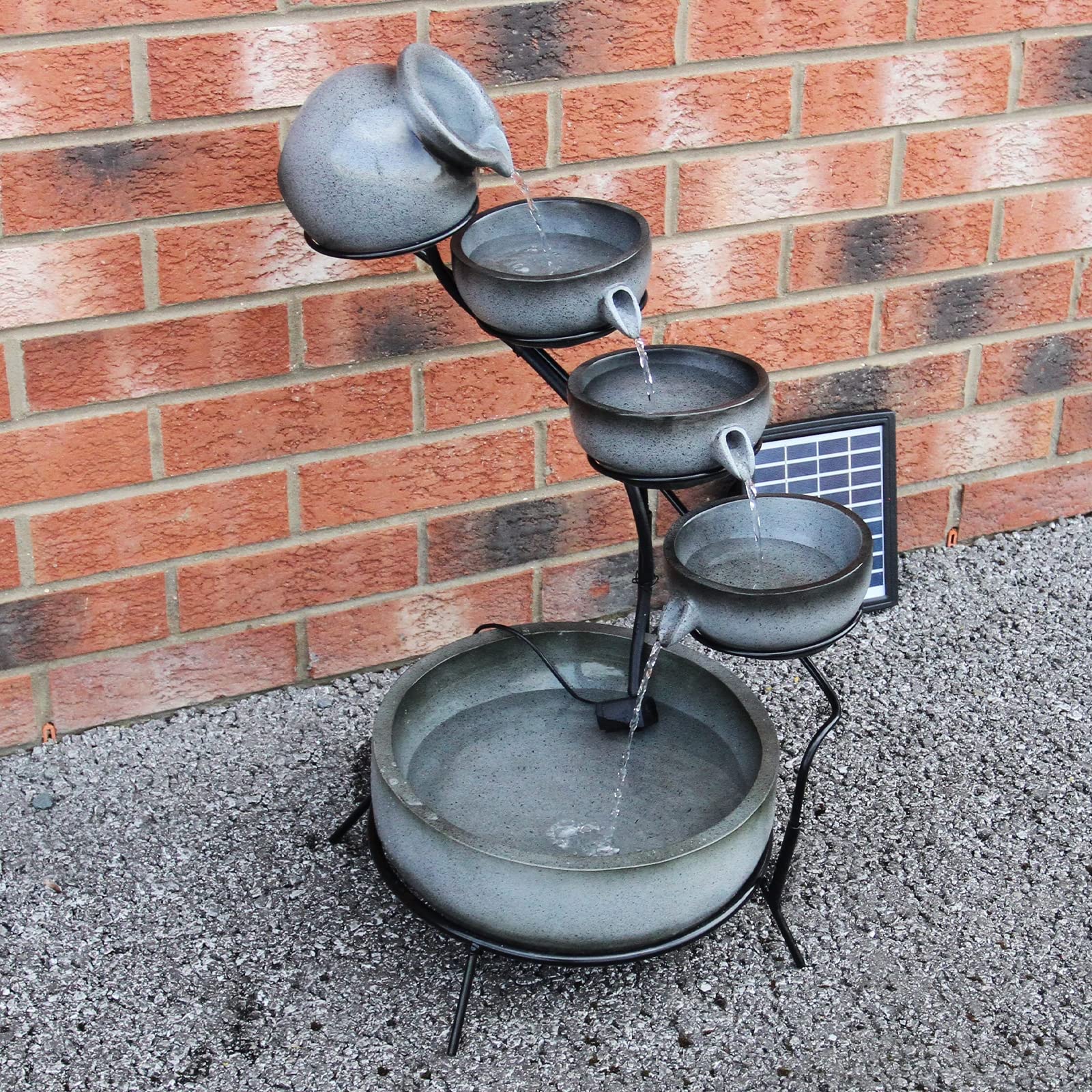 Fontaine de jardin alimentée Énergie Solaire Ornement de jardin Extérieur Décor Patio Résine Gris Sphère autoportante à 4 Niveaux de Bols Renversants Jeu d'eau