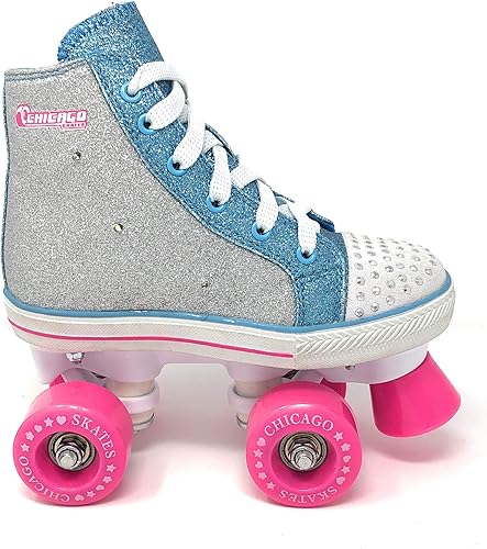 Miniatura 7 de Chicago Fashion Light Up Quad Roller Skates for Girls  Durable Top Performance IndoorOutdoor Use, Sparkle Silver & Teal High-Top Boot Safety, 54mm