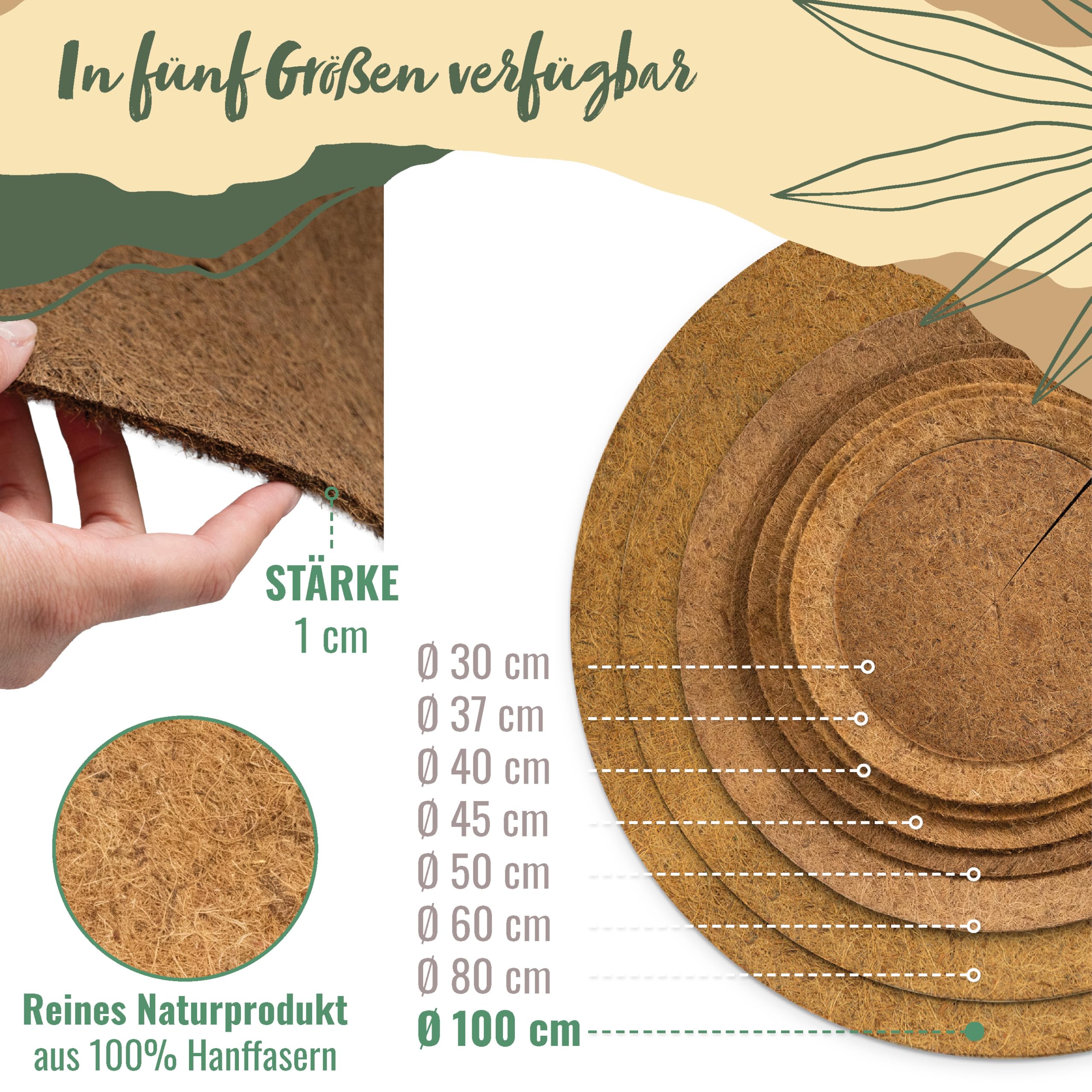 ProFlora® Kokos Mulchscheibe Winterschutz - Biologisch abbaubare Kokosscheibe als Winterschutzmatte für Pflanzen (100 cm, 5 Stück)