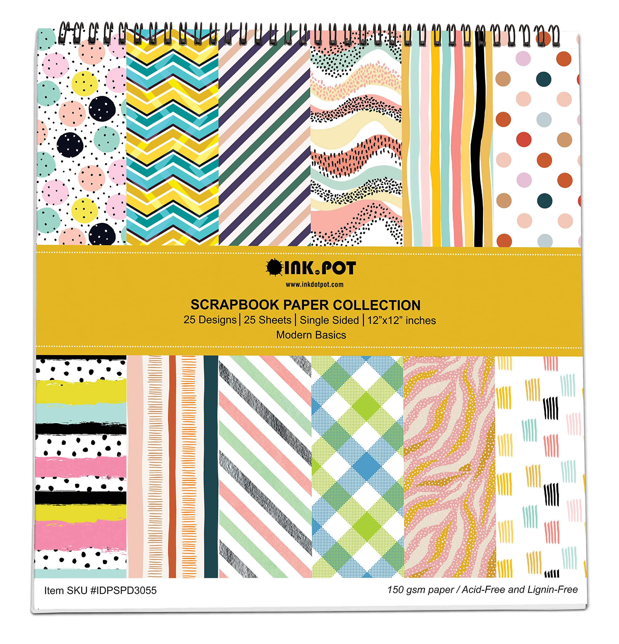 Inkdotpot 25 Modern Basics Scrapbook Paper Pad 12" x 12", Single-Sided Scrapbook Paper- Colorful Cardstock Paper Scrapbooking DIY Decorative Background Cardmaking Supplies- Journal Craft Paper