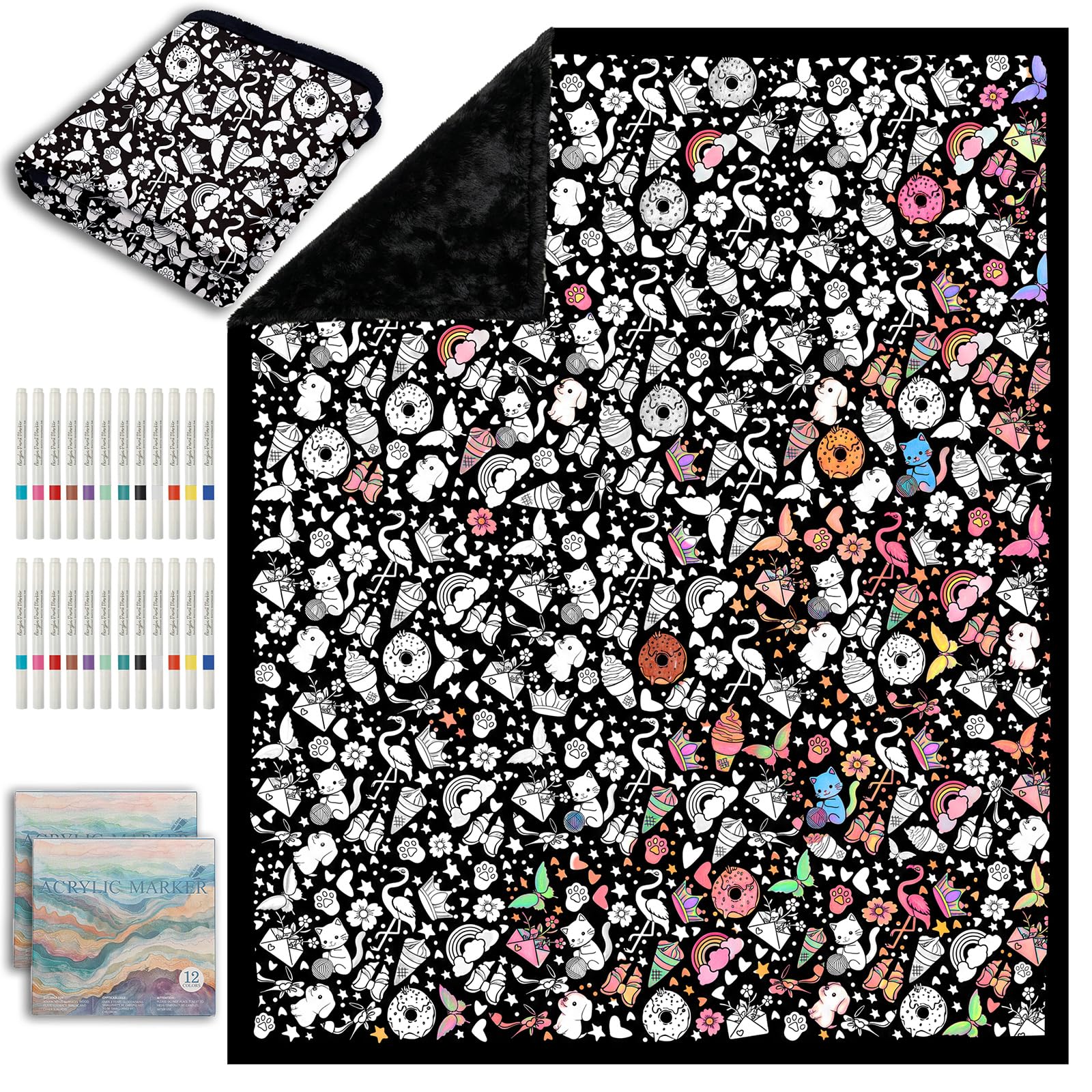 ZHOYIMIMI DIY Cozy Coloring Blankets for Kids & Adults -24 Markers | 50" x 60", Machine Washable, Cozy Velvet, Printed Patterns, ideal for daily use, home decor and kids spaces, Gift Wrapped