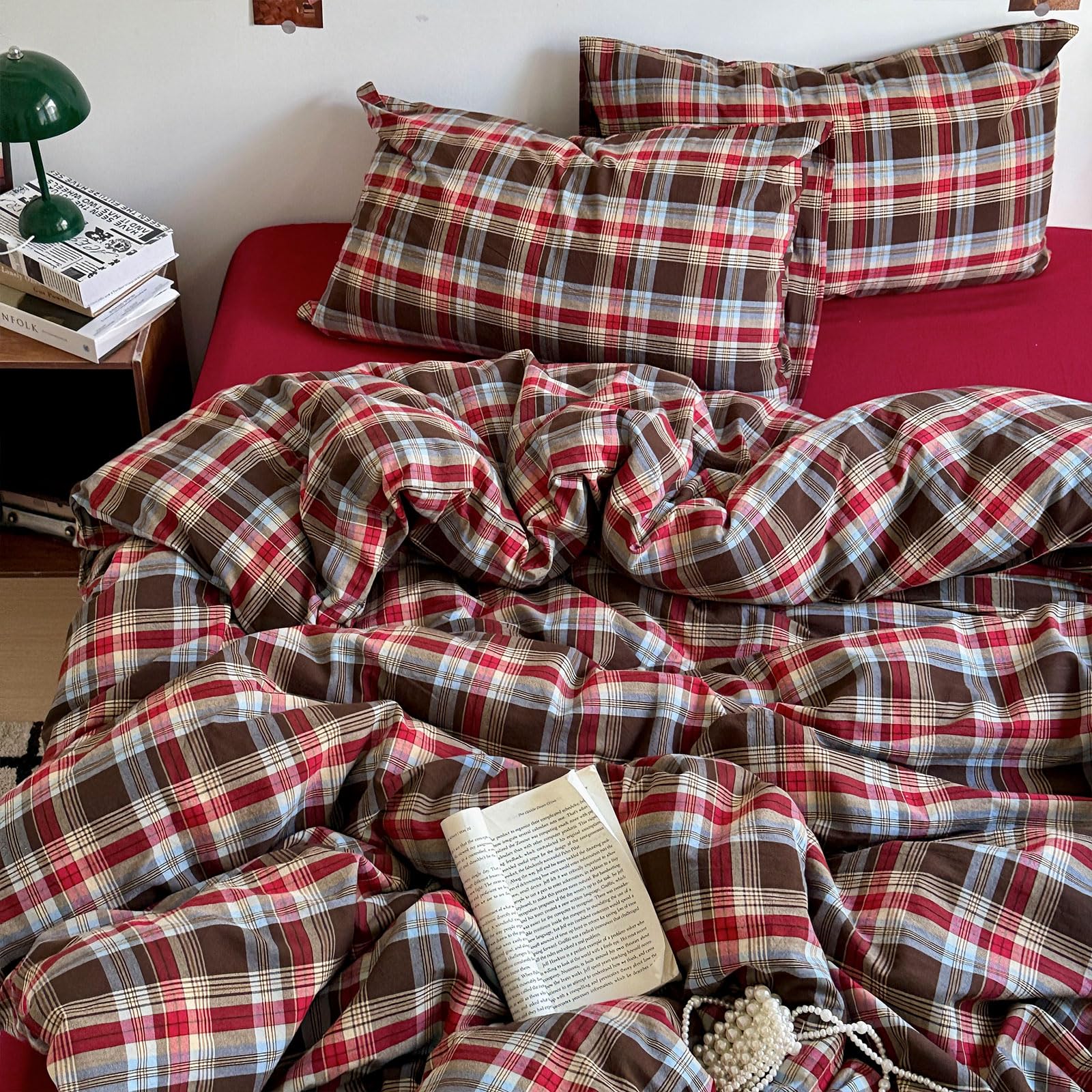EAVD Vintage Red &amp; Brown Buffalo Plaid Duvet Cover Set King 3-Piece Soft