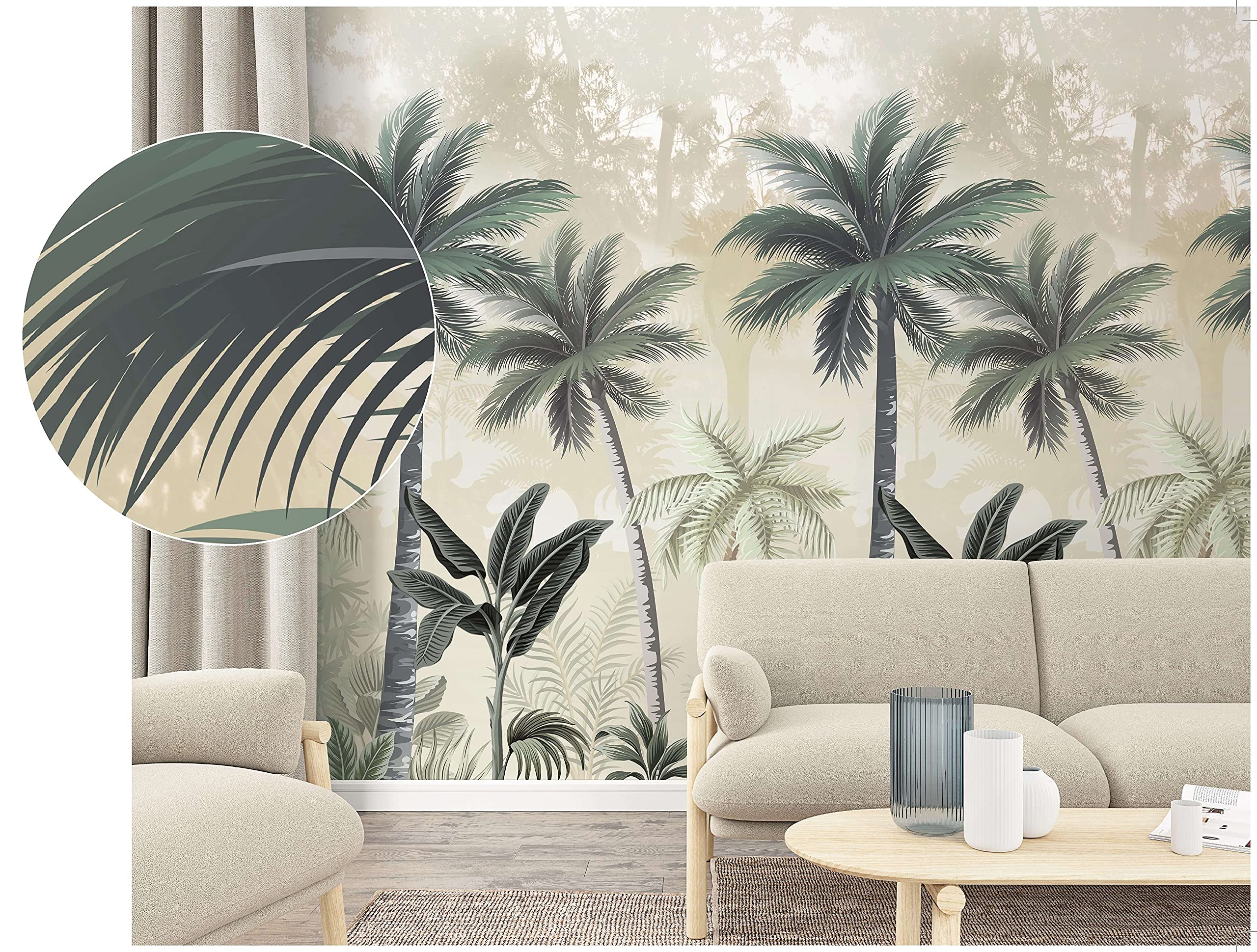 NEWROOM Papel pintado Verde Selva Tejido no Tejido - Tropical Gris Palmeras Selva Floral