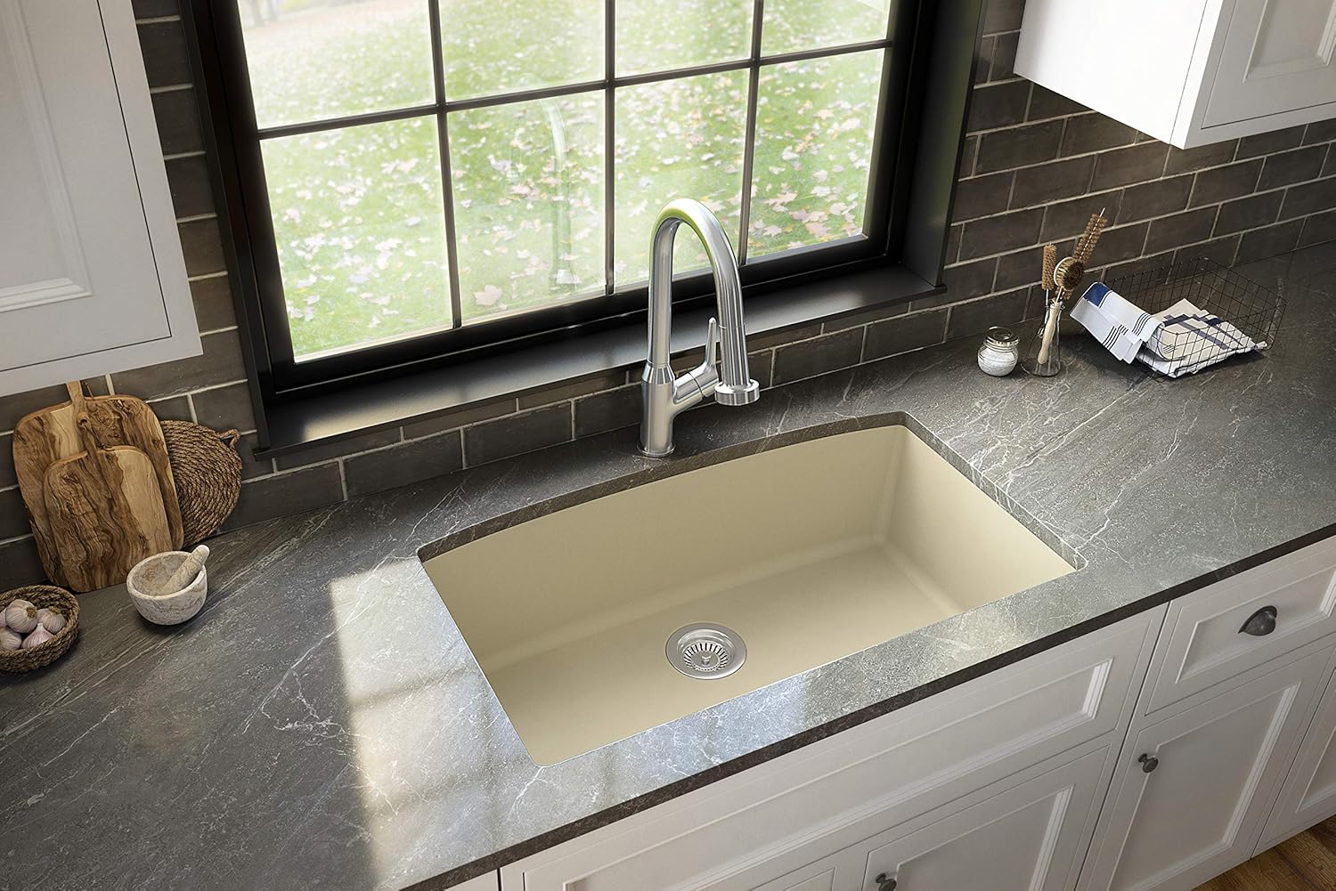 Karran QU-712 Undermount Quartz Composite 32 in. Single Bowl Kitchen Sink Kit in Bisque