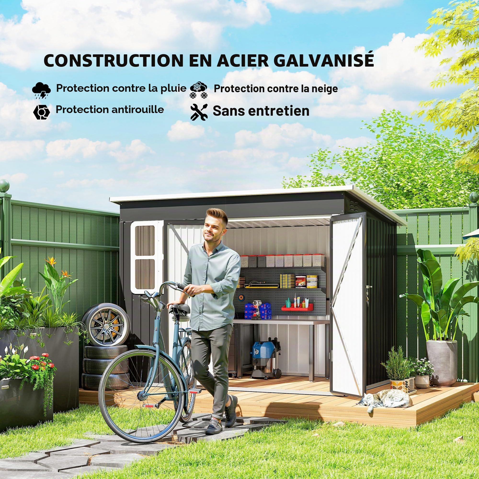 Outsunny Abri de jardin en métal 260 x 177 x 190 cm - 4,13 m² - Avec fenêtre - Toit en appentis - Porte verrouillable - Résistant aux intempéries