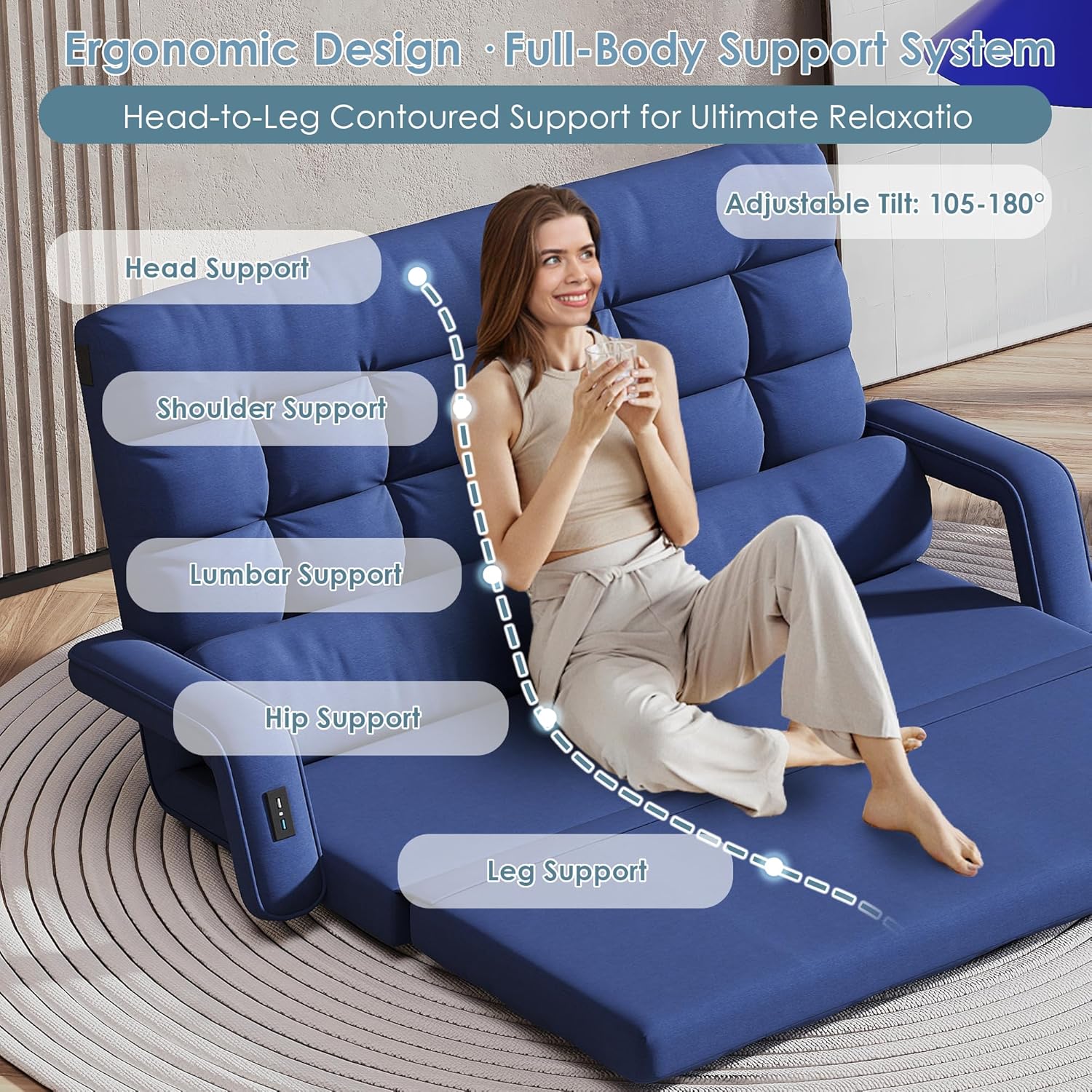 STHOUYN Comfy Bedroom Chair with 2 USB Charging Ports, 5-Position Floor Couch Gaming Chairs for Adults, Lounge Chair Indoor Folding Lazy Sofa Meditation Arm Dorm Chair Living Room (Navy Blue)