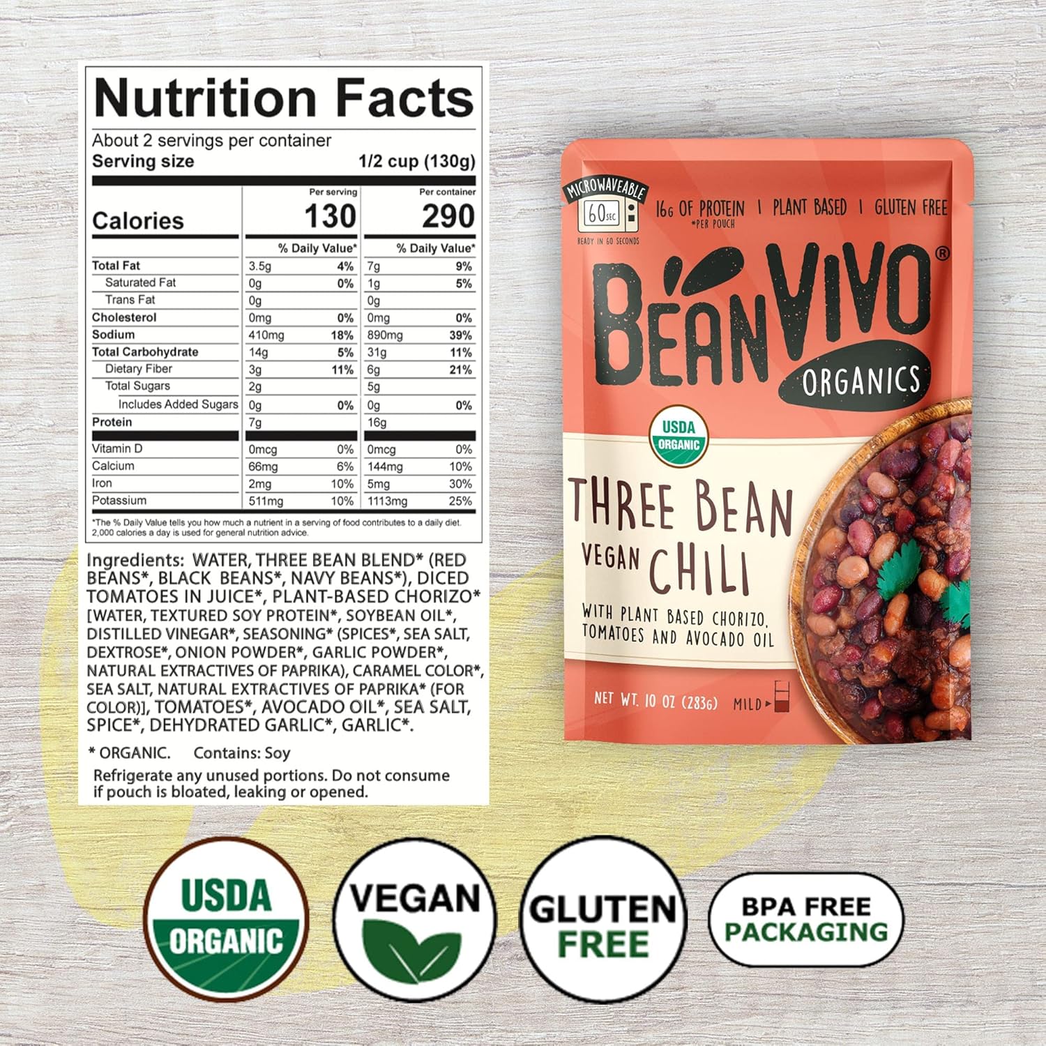 BeanVIVO (Pack of 6) Organics 16g Plant based Protein Three Bean Vegan Chili - Good Source of Fiber - Nutritious & Microwave Meal - Gluten-Free Plant Food - 10 OZ