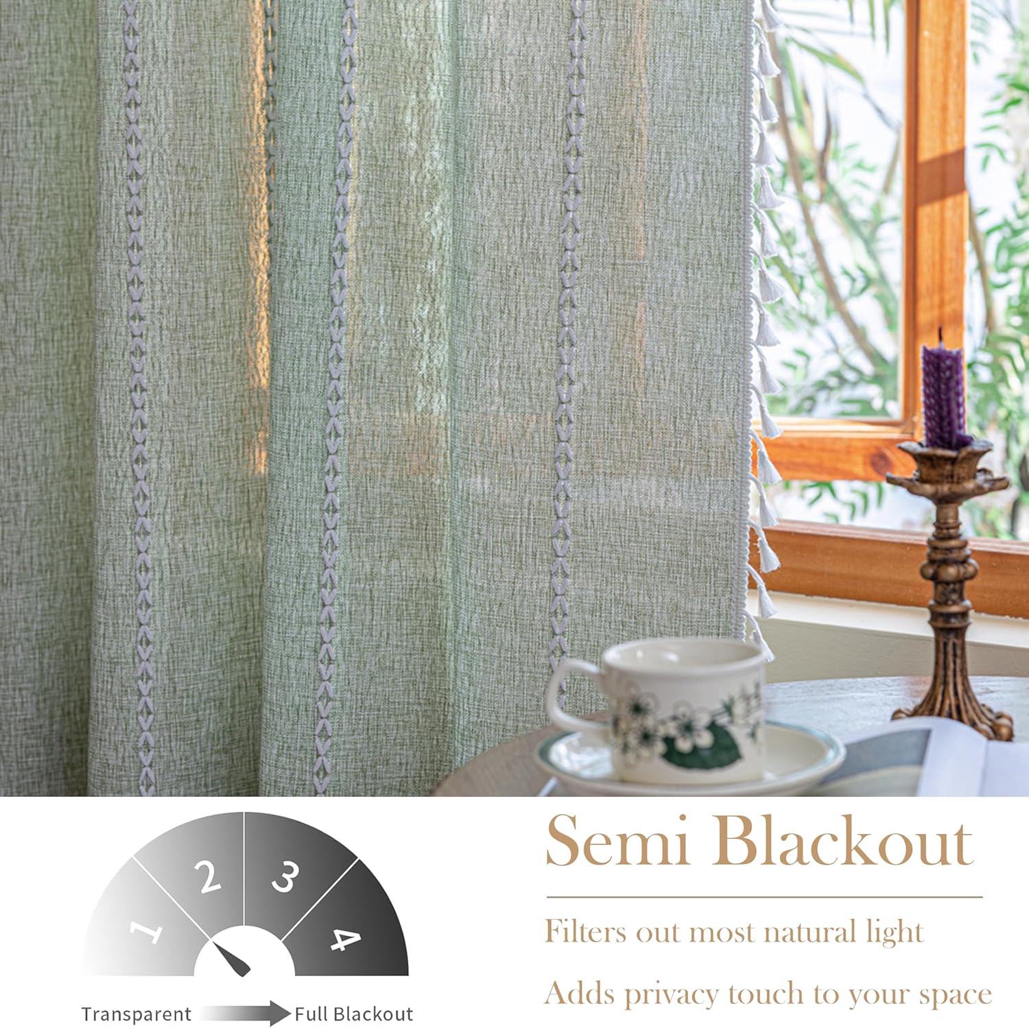 Sage Green Boho Curtains 84 Inches Long 2 Panels for Bedroom Living Room French Country Linen Cotton Embroidered Semi Blackout Bohemian Farmhouse Window Treatment Drapes Vintage Tassels 84’’L x 55’’W