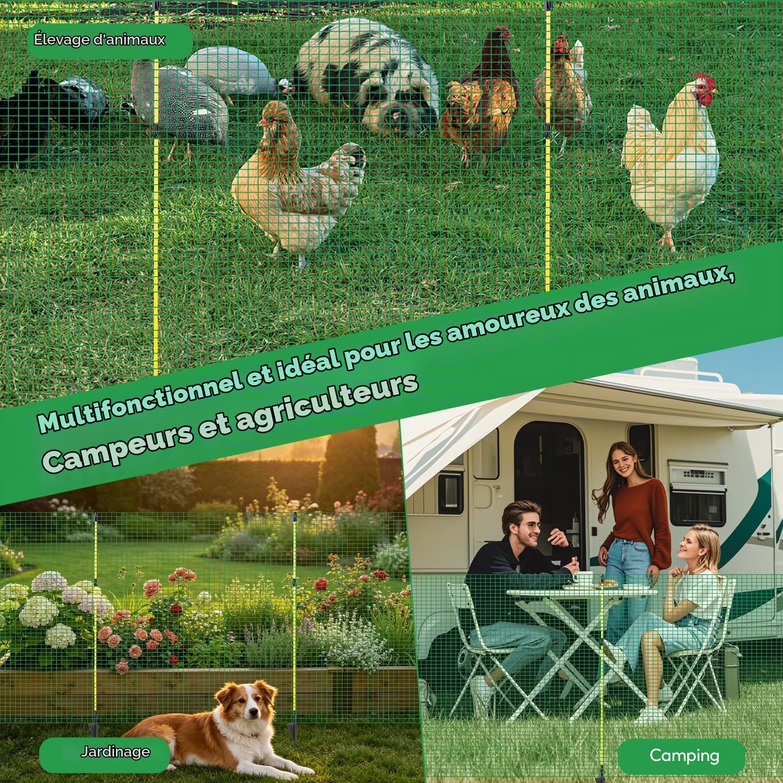 Filet à poule et clôture amovible en nylon vert – 90 cm x 20 m, 12 piquets – Grillage souple pour chien, poule, volaille et potager – Idéale pour le jardin, l'extérieur et le camping.