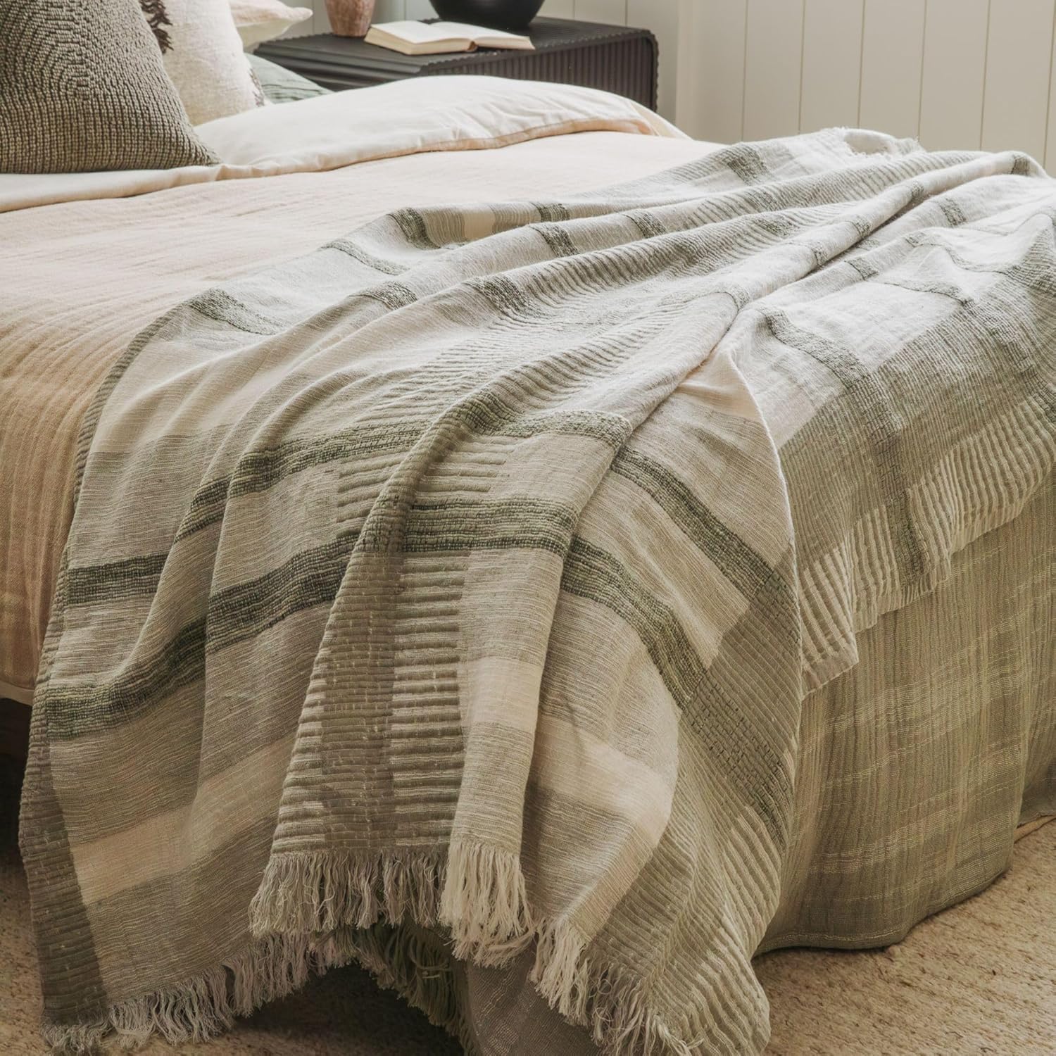 Zen Garden Plaid Throw Blanket 55x80, Sage Neutral Plaid 100% Cotton Decorative Sofa and Bed Blanket, Lightweight All-Season Throw, Handwoven in India, Luxury Bedding Accent