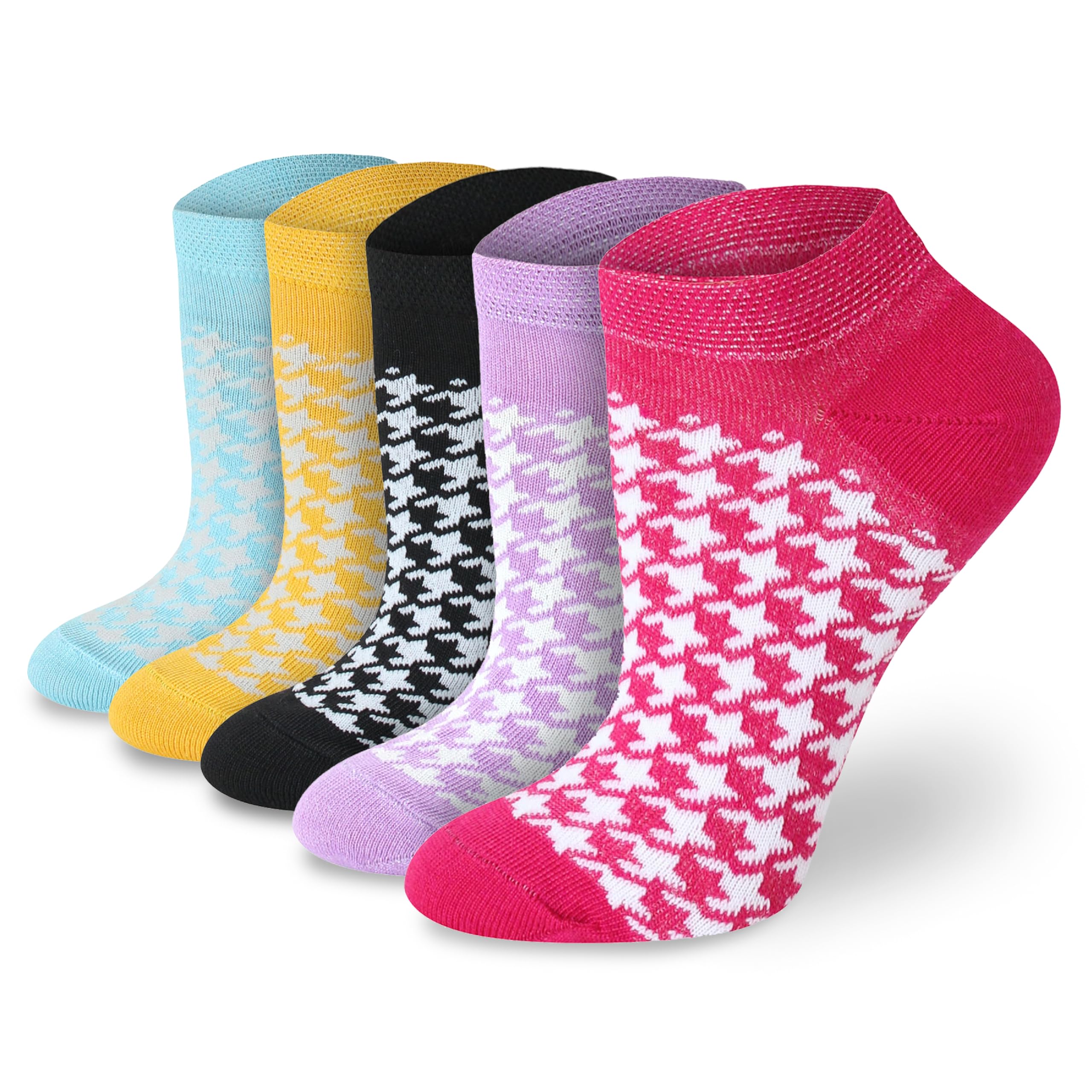 Socksmad Women's Dogtooth Trainer Socks Size 4-7 - Coloured Heel & Toe Black Multipack - Sports Socks - Cotton-Rich, Summer Trainer Liners - Wardrobe Essentials - Gifts For Her - 5 Pair
