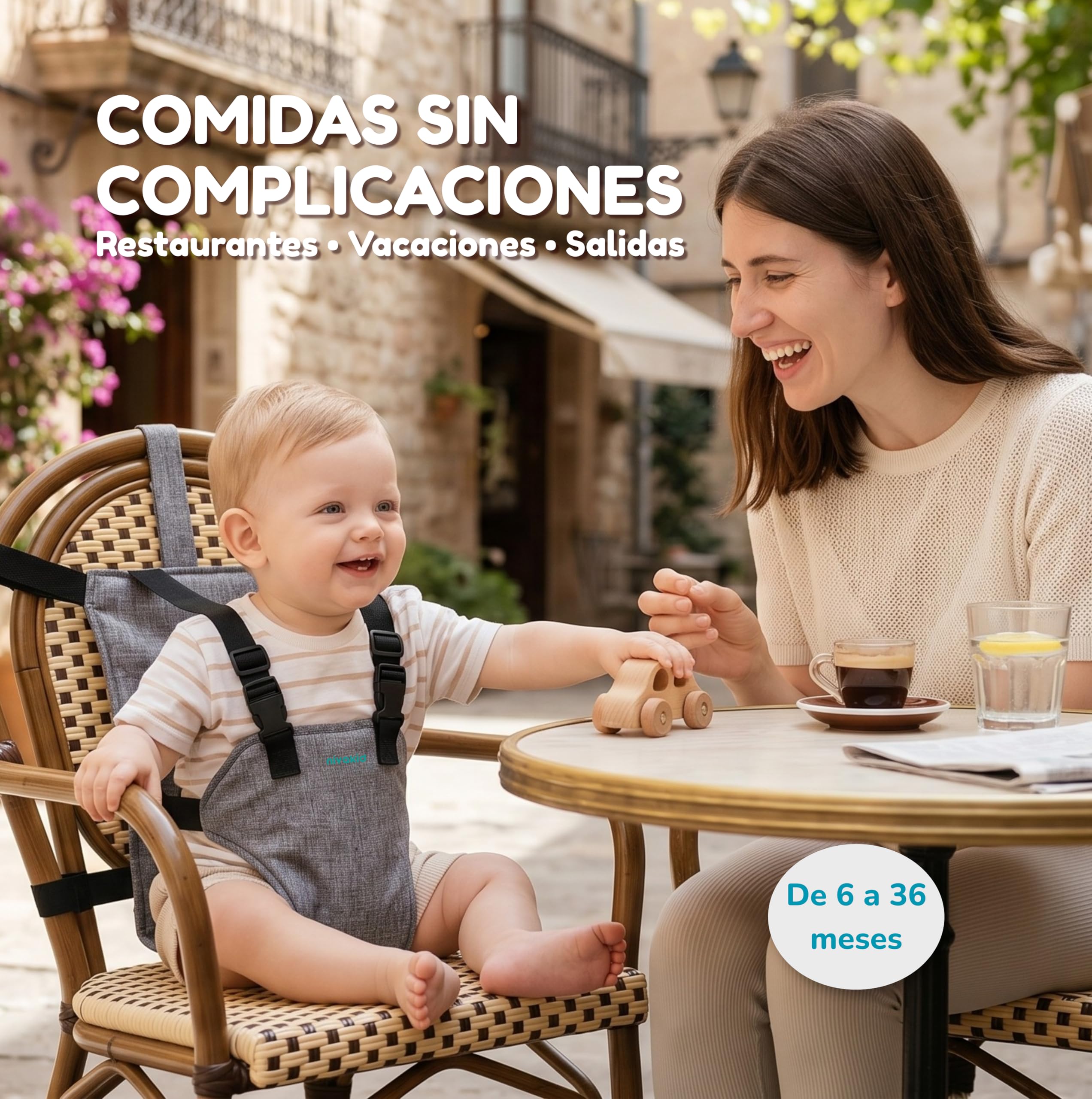 Trona Portátil Bebé 6-36 Meses, Silla Portátil de Viaje con Arnés Ajustable de 3 Puntos, Asiento Elevador Plegable 260g, Compatible con la Mayoría de Sillas Ideal para Restaurante Vacaciones y Viajes