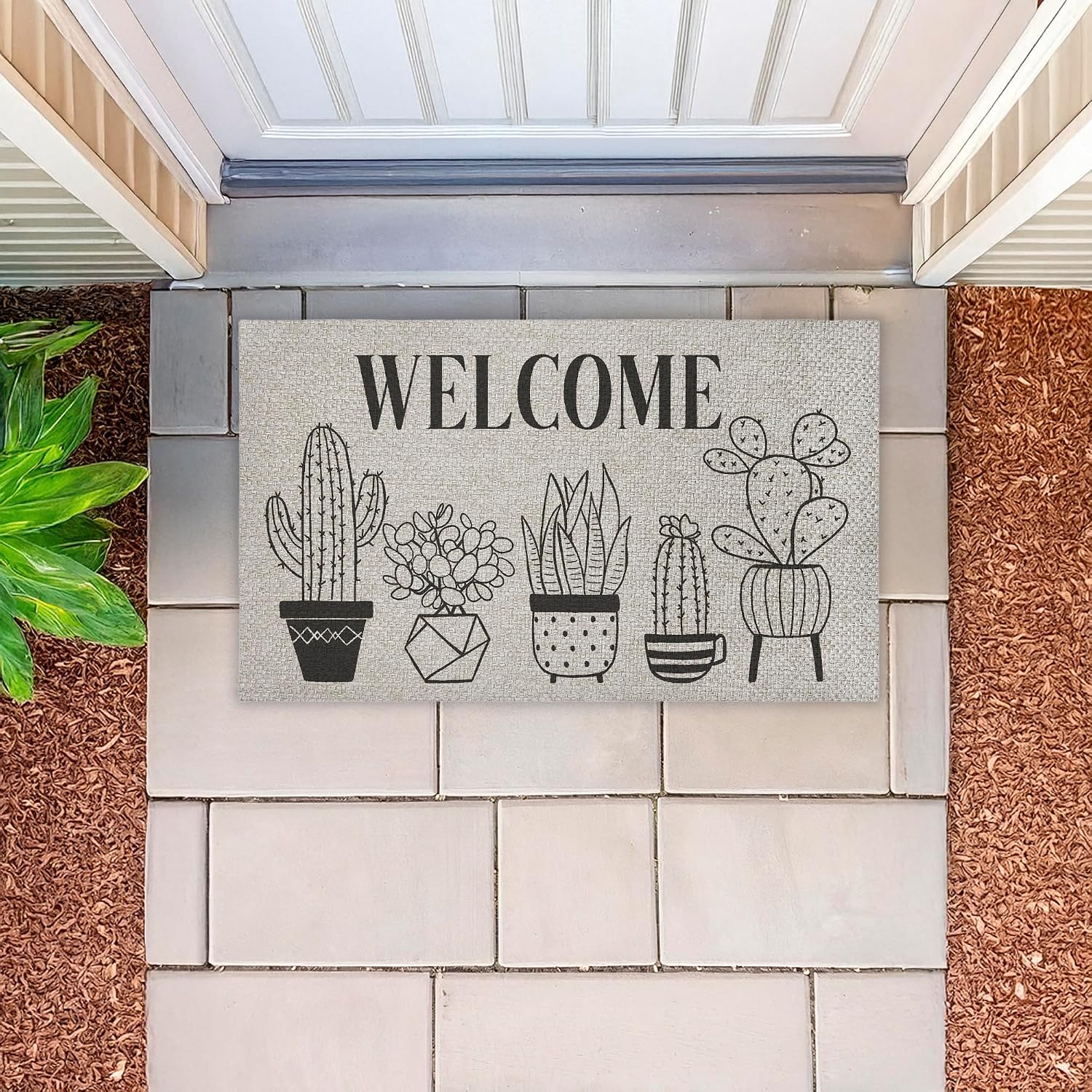 Various Potted Cactus Welcome Outdoor Door Mat, Durable Non-Slip Woven Natural Texture Mat with Recycled Rubber Backing, Weather-Resistant Southwestern Succulent Design by Deane Beesley, 18"x30"