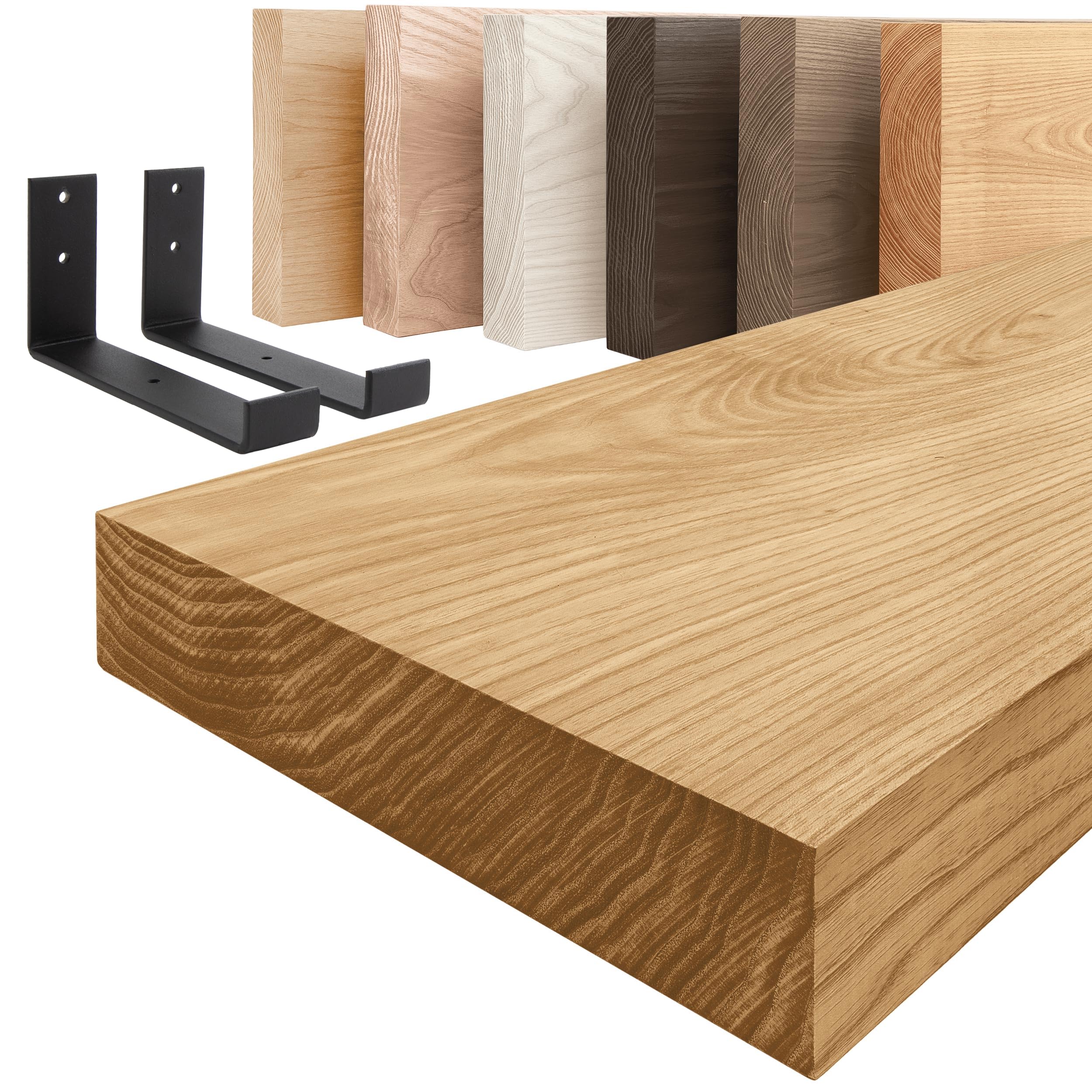 LAMO Manufaktur Estantería de Pared con Soportes Negros en Forma de J | Estantería 100 cm Madera para salón, Cocina, Estudio Estilo Industrial | Color: Rustico, Borde: Recto | Madera Maciza