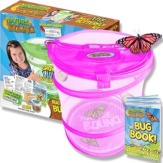Nature Bound Butterfly Growing Habitat Kit - with Voucher to Redeem Live Caterpillars for Home or School Use - Pink Pop-Up Cage 12-Inches Tall