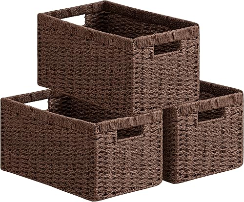 Miniatura 9 de joybest Cestas de almacenamiento de mimbre negro, cestas de mimbre de cuerda de papel tejidas a mano para organizar, contenedores organizadores de