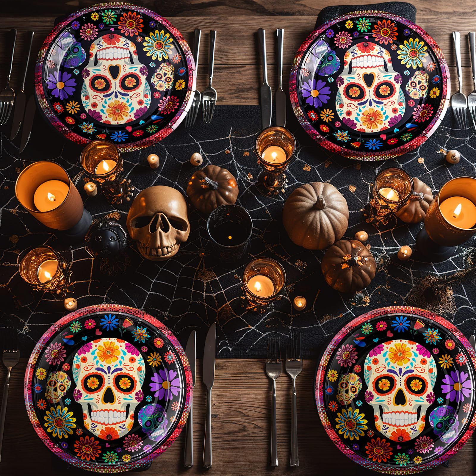FillTouch 100 Stück Tag der Toten Pappteller 17,8 cm Sugar Skull Dia De Los Muertos Kuchen Dessertteller Tag der Toten Party Dekorationen für mexikanische Halloween Geburtstag Party Supplies