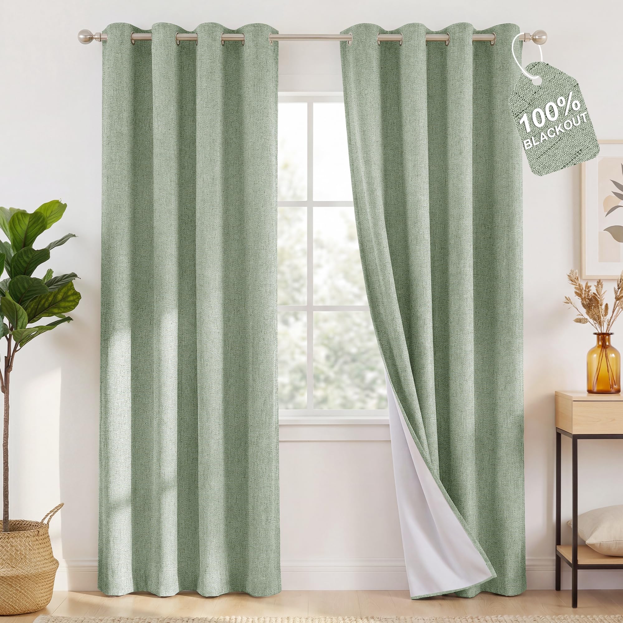 NICETOWN 100% Blackout Sage Green Living Room Curtains W52xL108