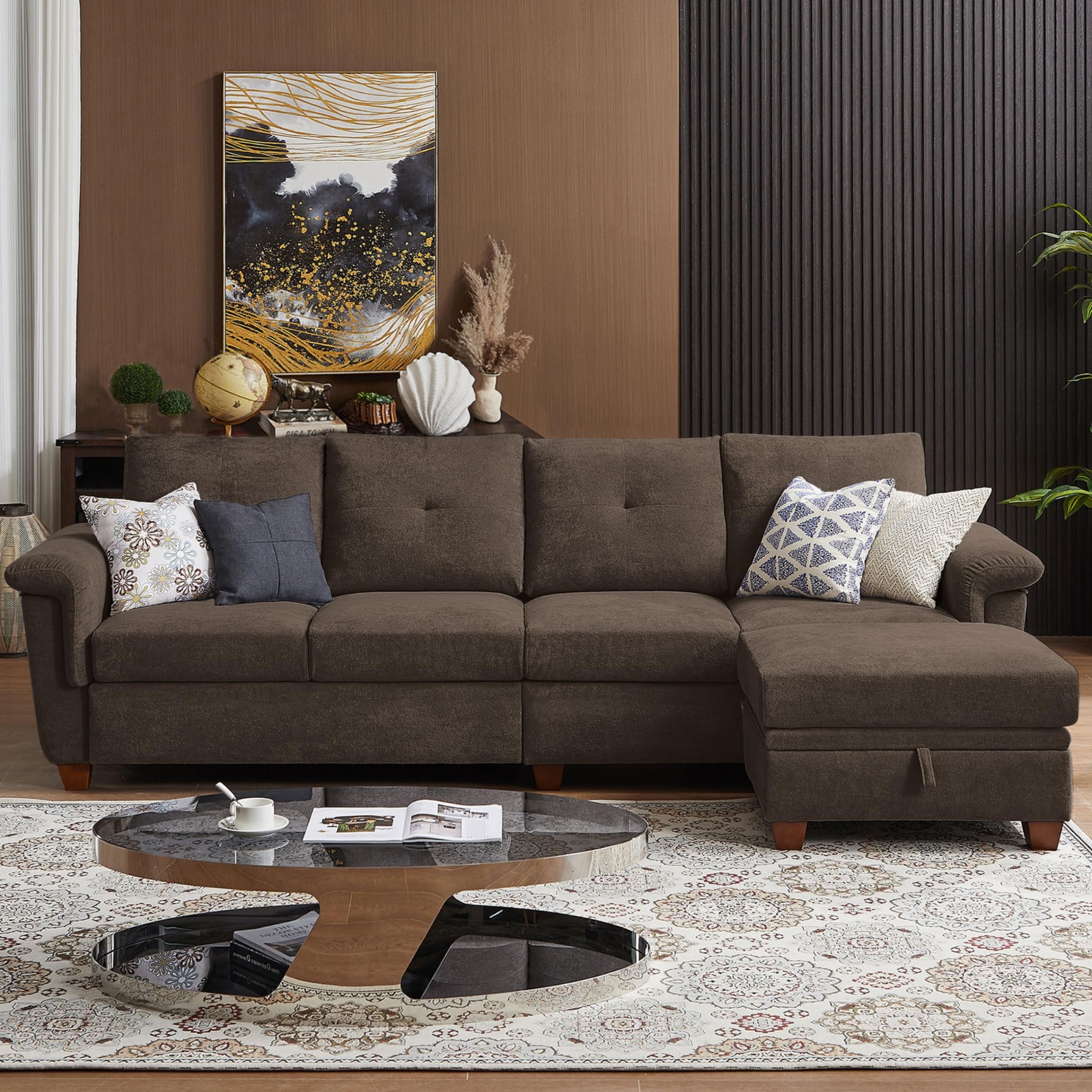 Soscana 108'' L Shape Sectional Sofa, 4 Seat Fabric Couch for Living Room