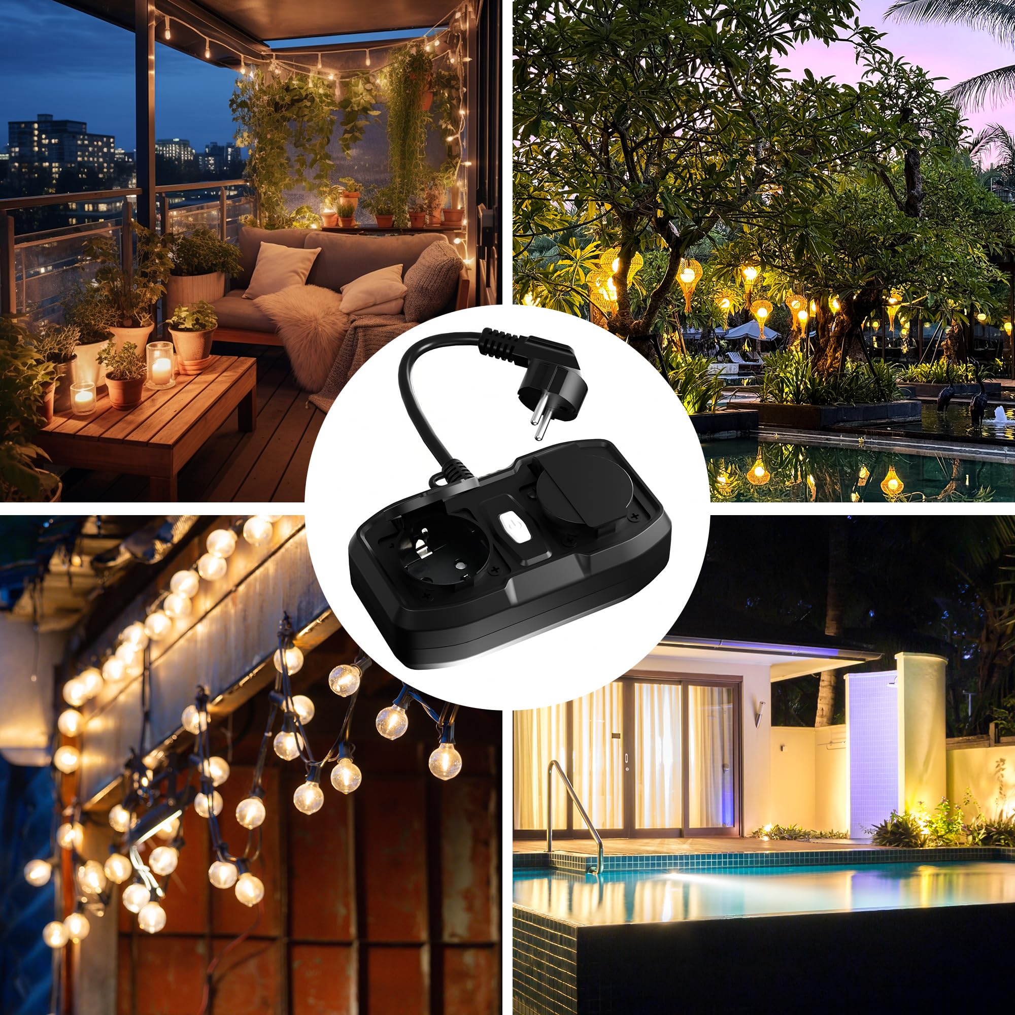 HBN Enchufe WiFi para exteriores con 2 salidas, 16 A 3600 W, enchufe inteligente para exteriores, IP54, resistente al agua, Wifi doble enchufe exterior, compatible con Alexa y Google Assistant, cable