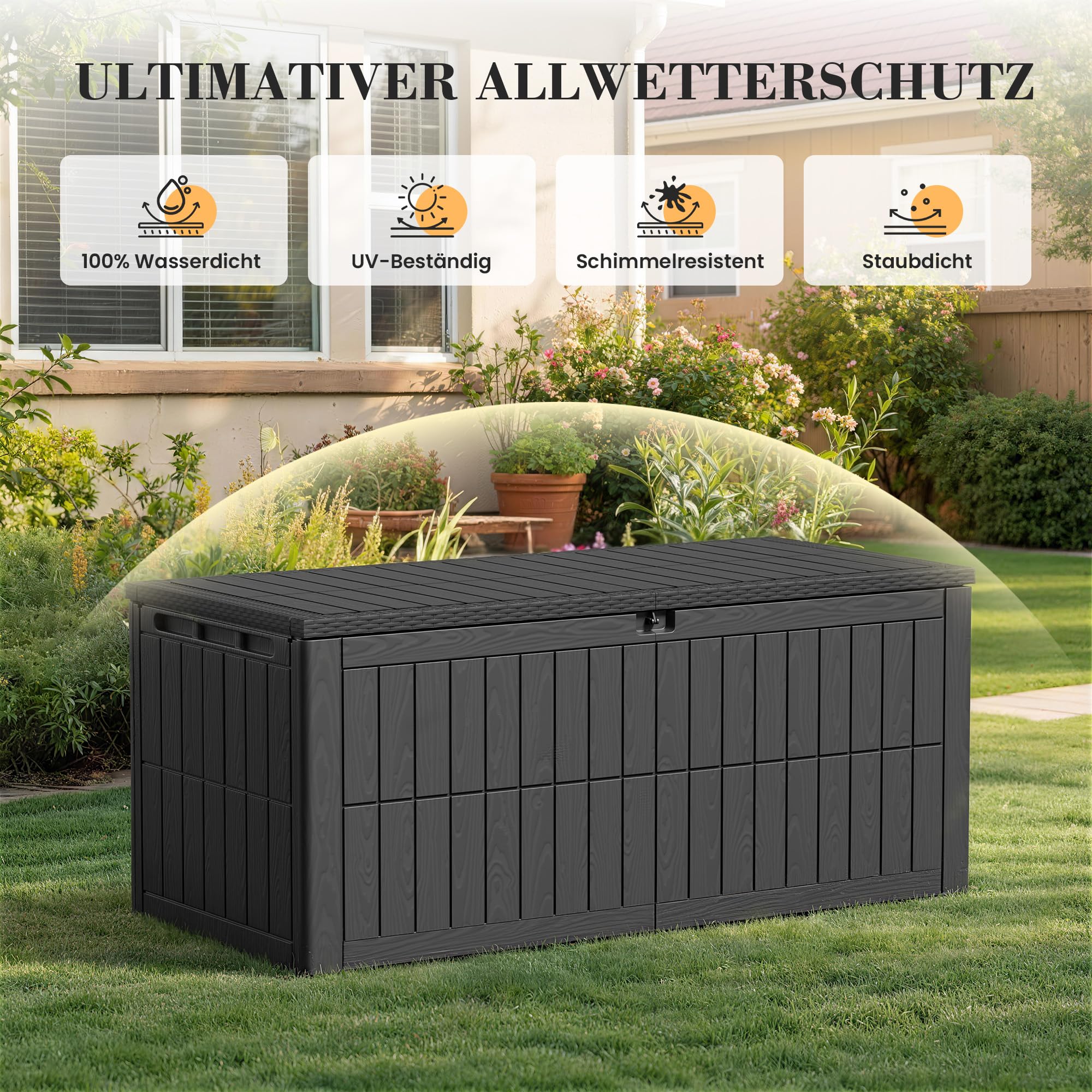 Amopatio Auflagenbox 680 Liter, Gartenbox XXL Wasserdicht aus Resin, Kissenbox für Balkon, Garten & Terrasse, Aufbewahrungsbox Wetterfeste mit Gasdruckfeder, Schwarz