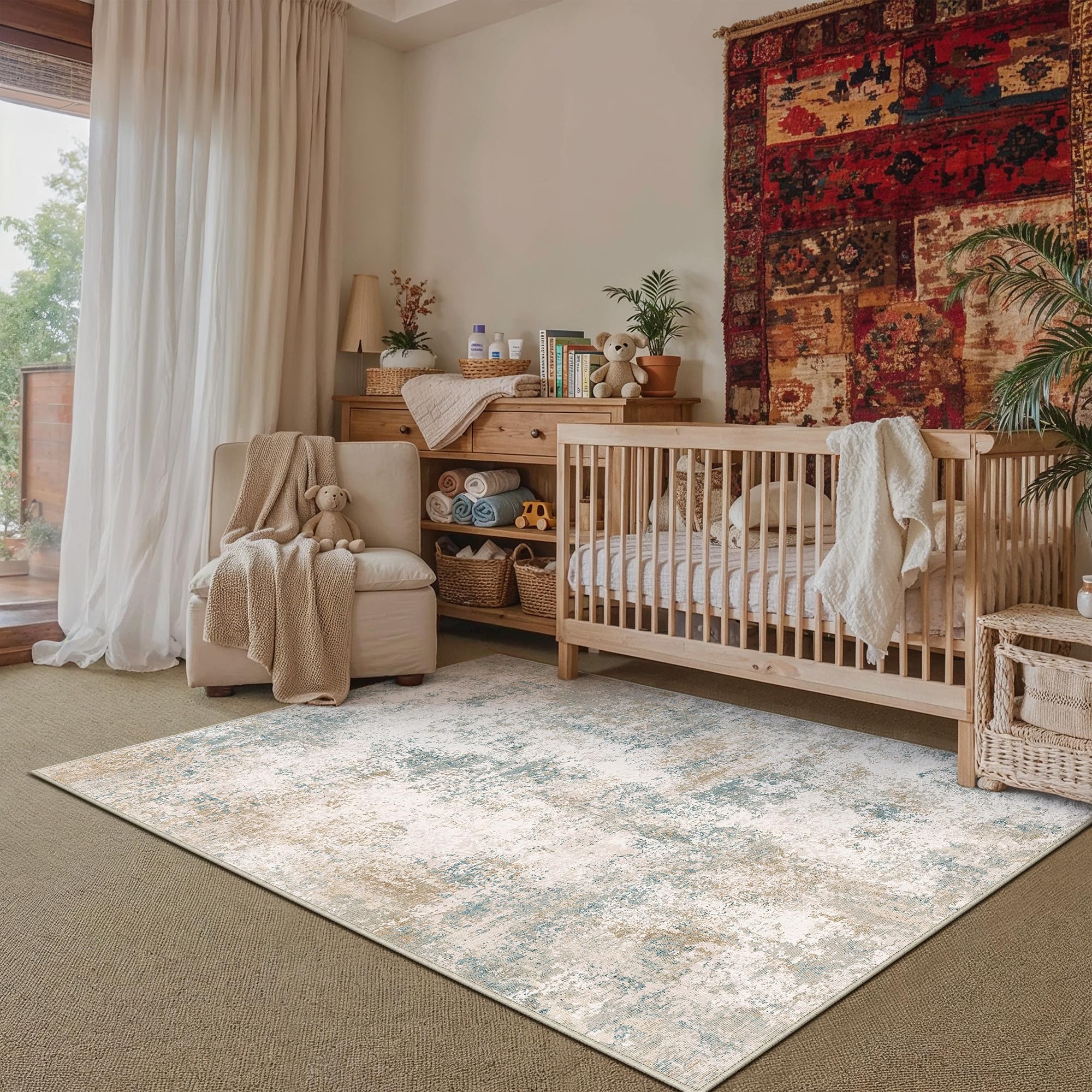 PureCozy Rugs Living Room 140x200cm Washable Abstract Carpet,Beige&Blue