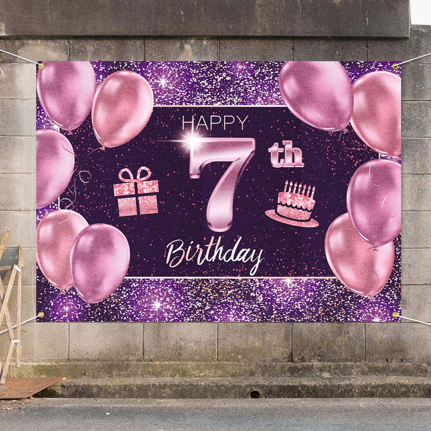 Baner 'Happy 7th Birthday' tło - 7 dekoracje na przyjęcie urodzinowe materiały dla dziewczynki - różowe fioletowe złoto 1,2 x 1,8 m