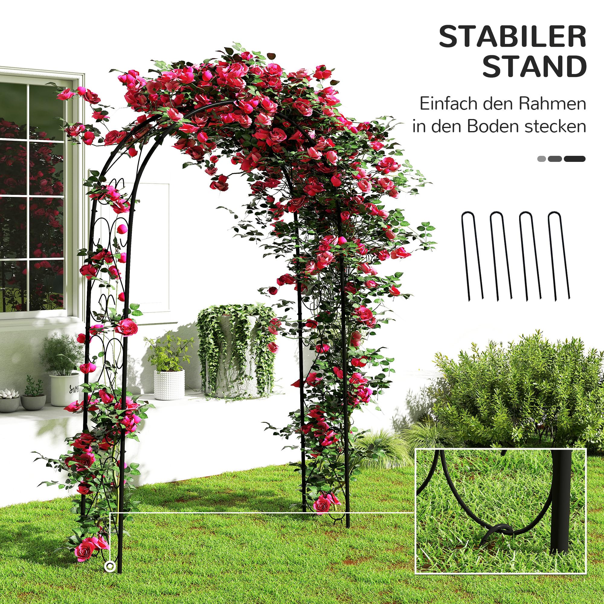 Outsunny Rosenbogen, Torbogen aus Stahl, Gartenbogen für Kletterpflanzen, 125 x 37 x 230 cm Rankhilfe, Gartendekoration, Schwarz
