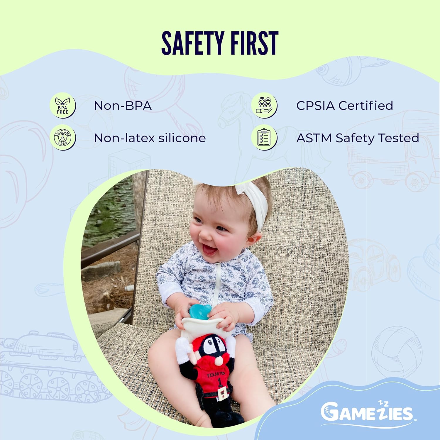 Gamezies Baby Boy and Girl Silicone Texas Tech University Raider Red Mascot Plush Pacifier, Collegiately Licensed, Removable, Washable Plush Toy CPSIA Tested, BPA-Free 0-6 Months