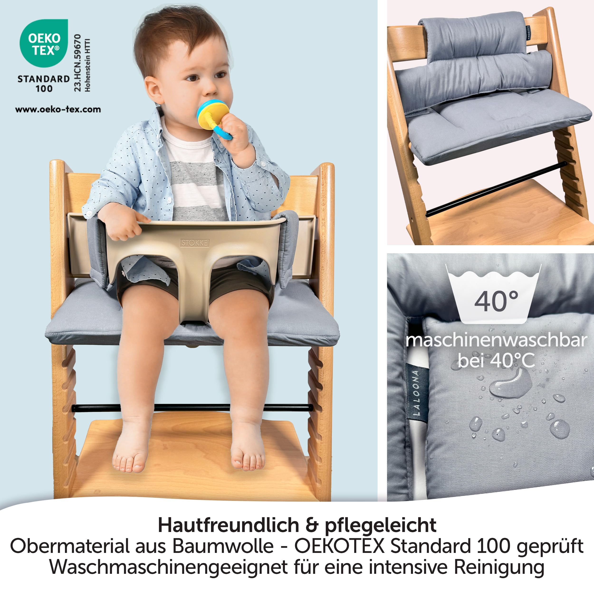 LaLoona Sitzauflage für Stokke Tripp Trapp - Grau beschichtet | 2 teiliges Sitzkissen / Hochstuhl Kissen abwaschbar, OEKOTEX Standard 100, maschinenwaschbar