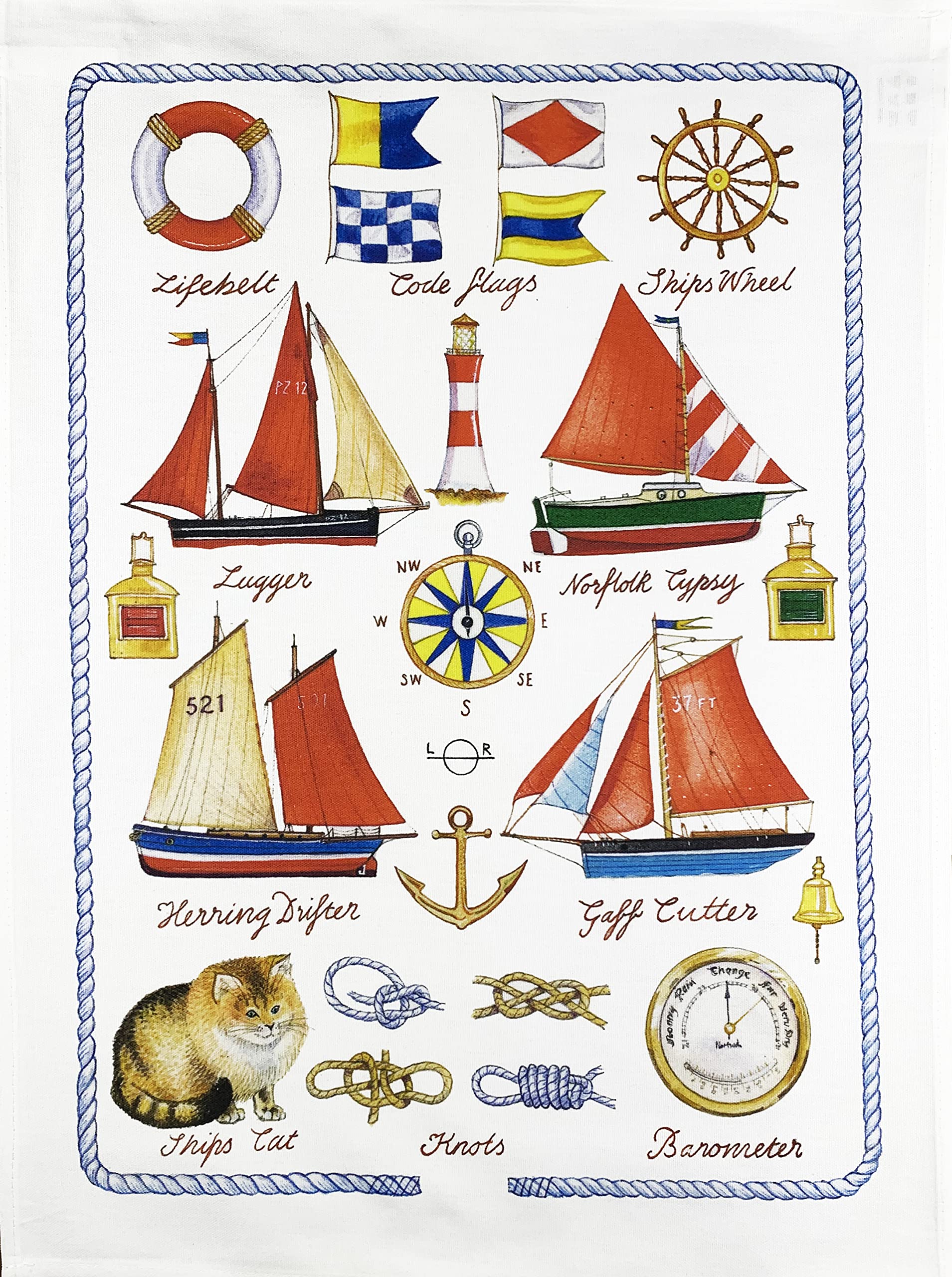 Off to the Coast Tea Towel, machine washable, cotton, hand drawn