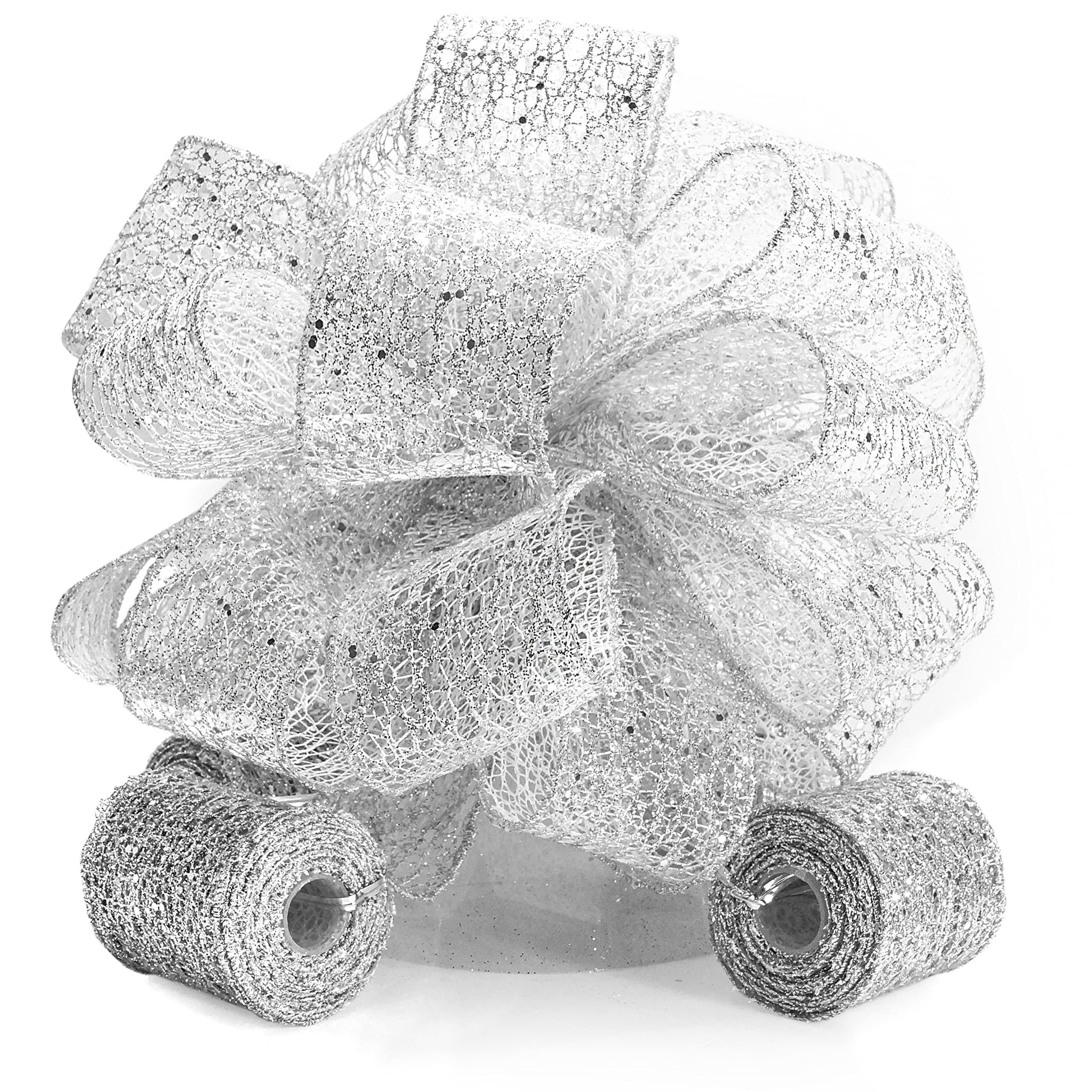Silver Glitter Mesh Christmas Tree Topper Bow 11" with 4 Ribbon Streamers x 3 Yards Long Each for Holidy Elegant Fancy Home Décor Indoor