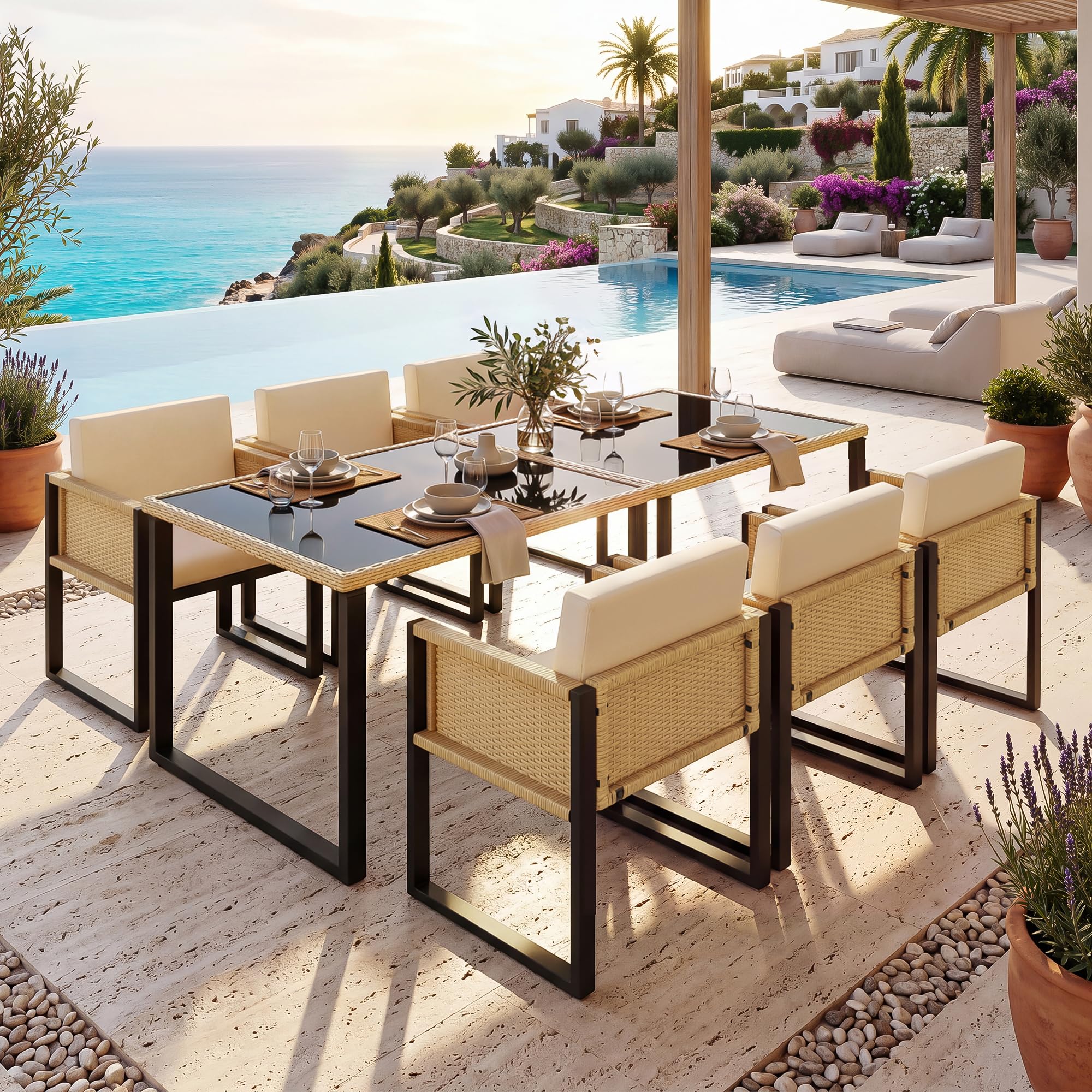 Table et Chaise de Jardin Exterieur 6 Personnes–Ensemble Repas avec Plateau Verre et Coussins Déhoussables–Structure Acier Anti-Rouille,Rotin Tressé – Idéal pour Terrasse et Jardin (Brown Noir)