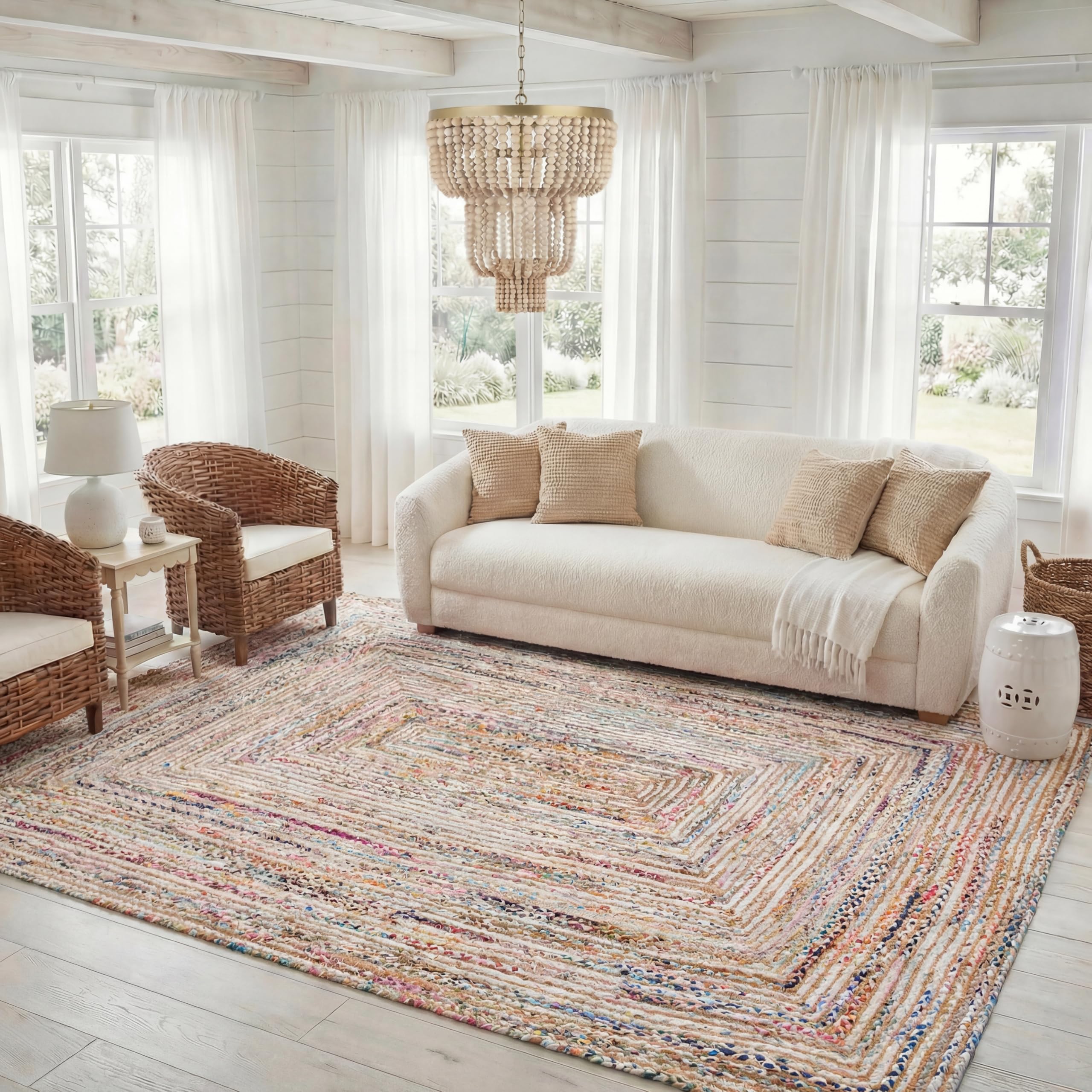 SAFAVIEH Area Rug 8x10 - Cape Cod Collection - Large - Beige & Multi, Handmade Jute & Cotton, Woven Braided Design (CAP202B)