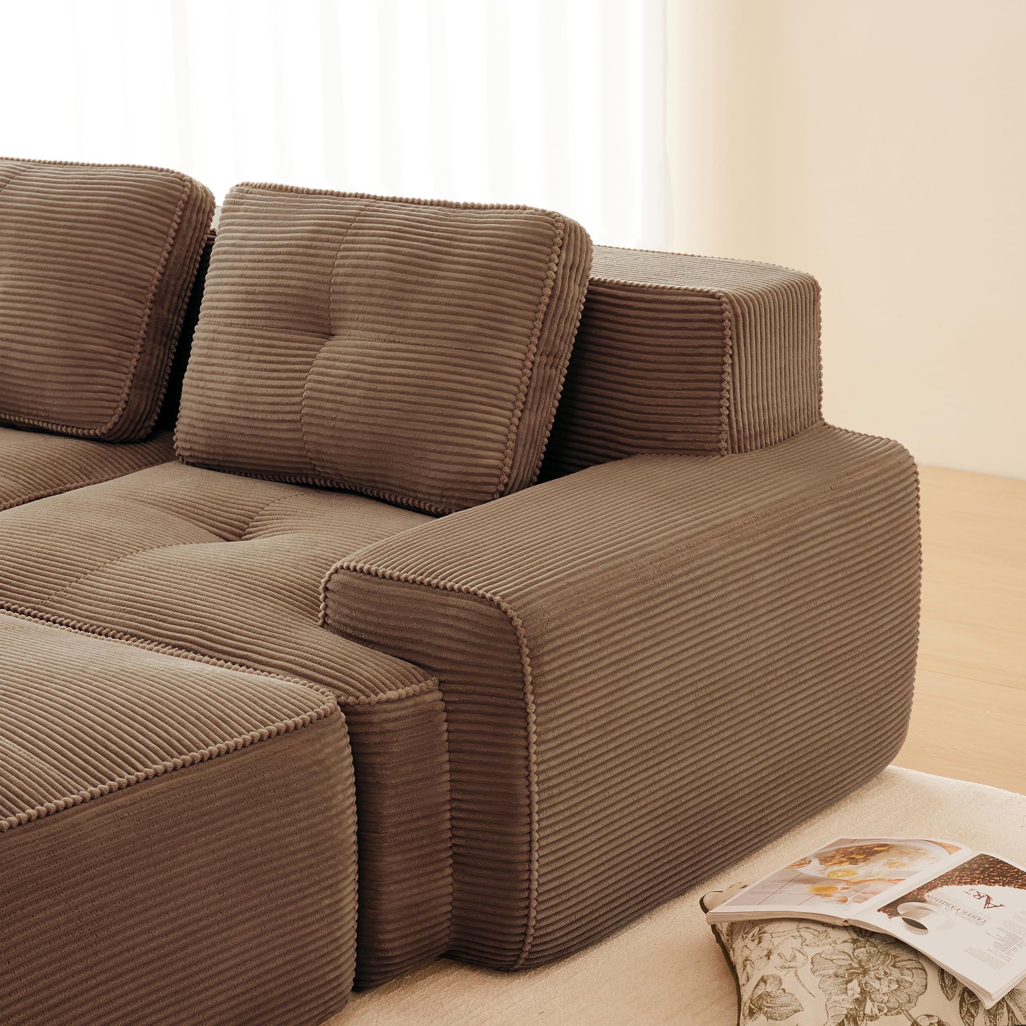 Boneless Sofá modular, moderno para salón con asiento bajo de 74 cm, sofá de pana, sofá tapizado en la nube combinable, para salón (marrón, 2S)