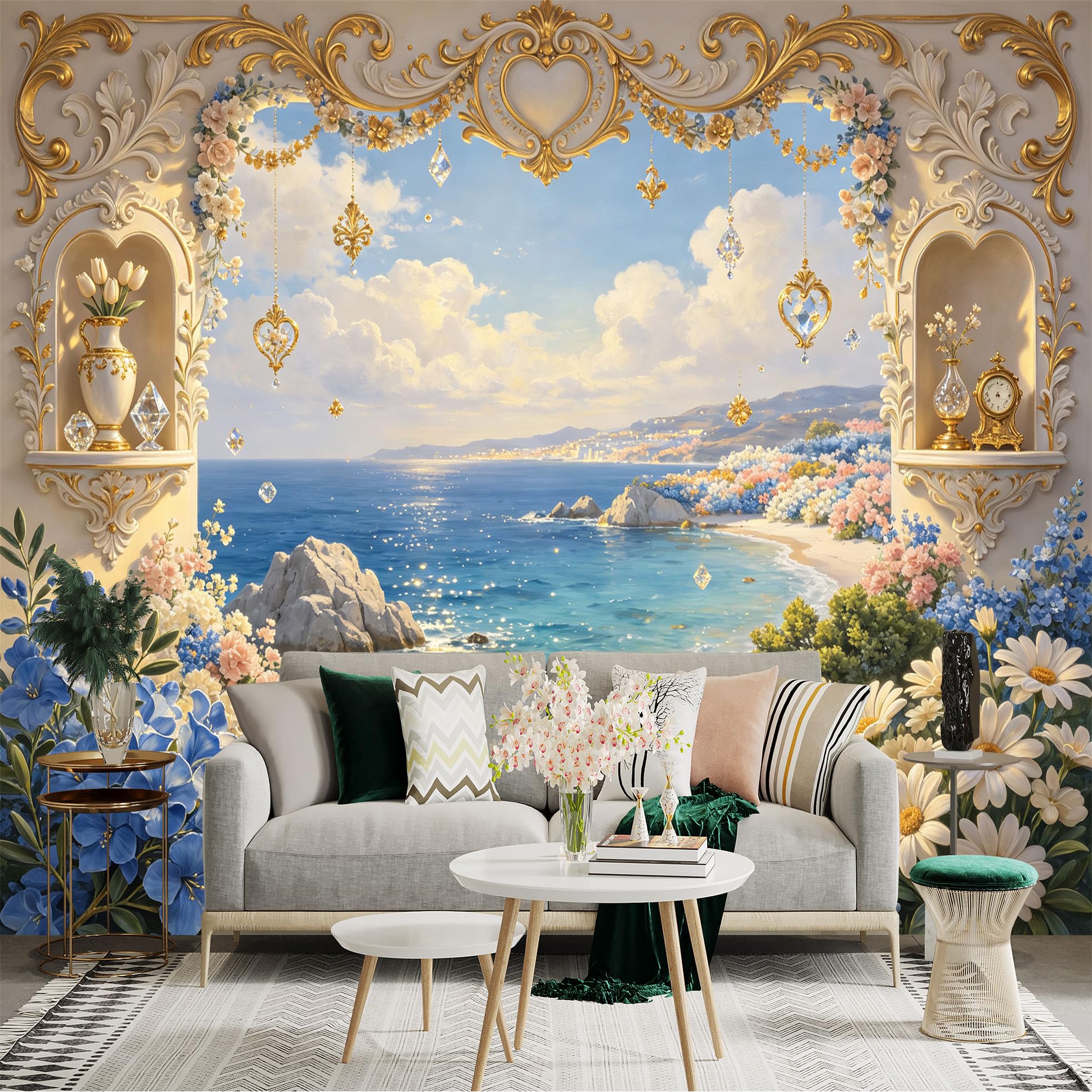 Lnzczhyre Bh260719805 Custom Size Wall Sticker Mural， Elegant Coastal Archway With Golden Ornaments， Blooming Flowers And Sparkling Ocean View， For Wall Decoration， Peelandstick Wall Decals.