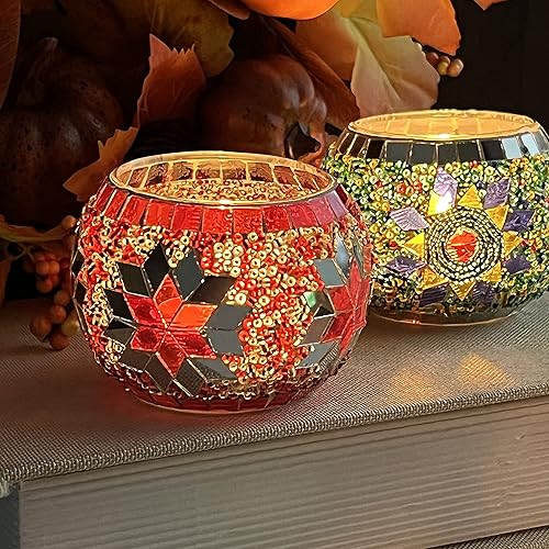 Miniatura 4 de SHMILMH Diwali - Juego de 4 portavelas de cristal, portavelas votivas hechas a mano con mosaico de vidrio, candelitas de cristal Diwali,