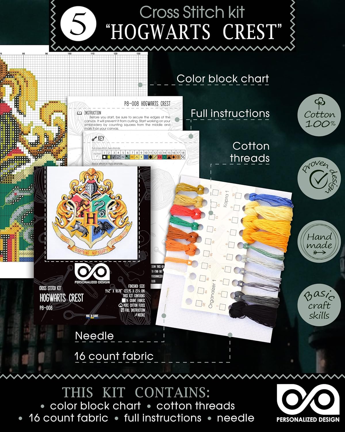 Personalized.Design Counted Cross Stitch Kits 'Hgwrts House Crests' - Set of 5 Embroidery Kits for Adults