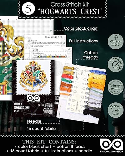 Miniatura 8 de Juego de 5 piezas de punto de cruz "Hogwarts Howses Crest", kits de bordado con diseño de símbolo de la escuela de brujería y magia