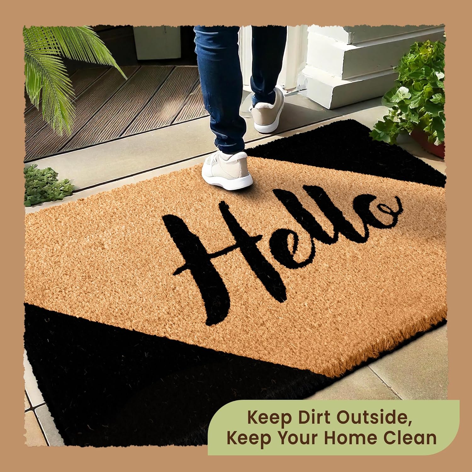 Hello Door Mat Outdoor Coco Coir Doormat, with Heavy-Duty PVC Backing - Natural - Perfect Color/Sizing for Outdoor/Indoor uses. (36 x 17, Hello Black Border-1)