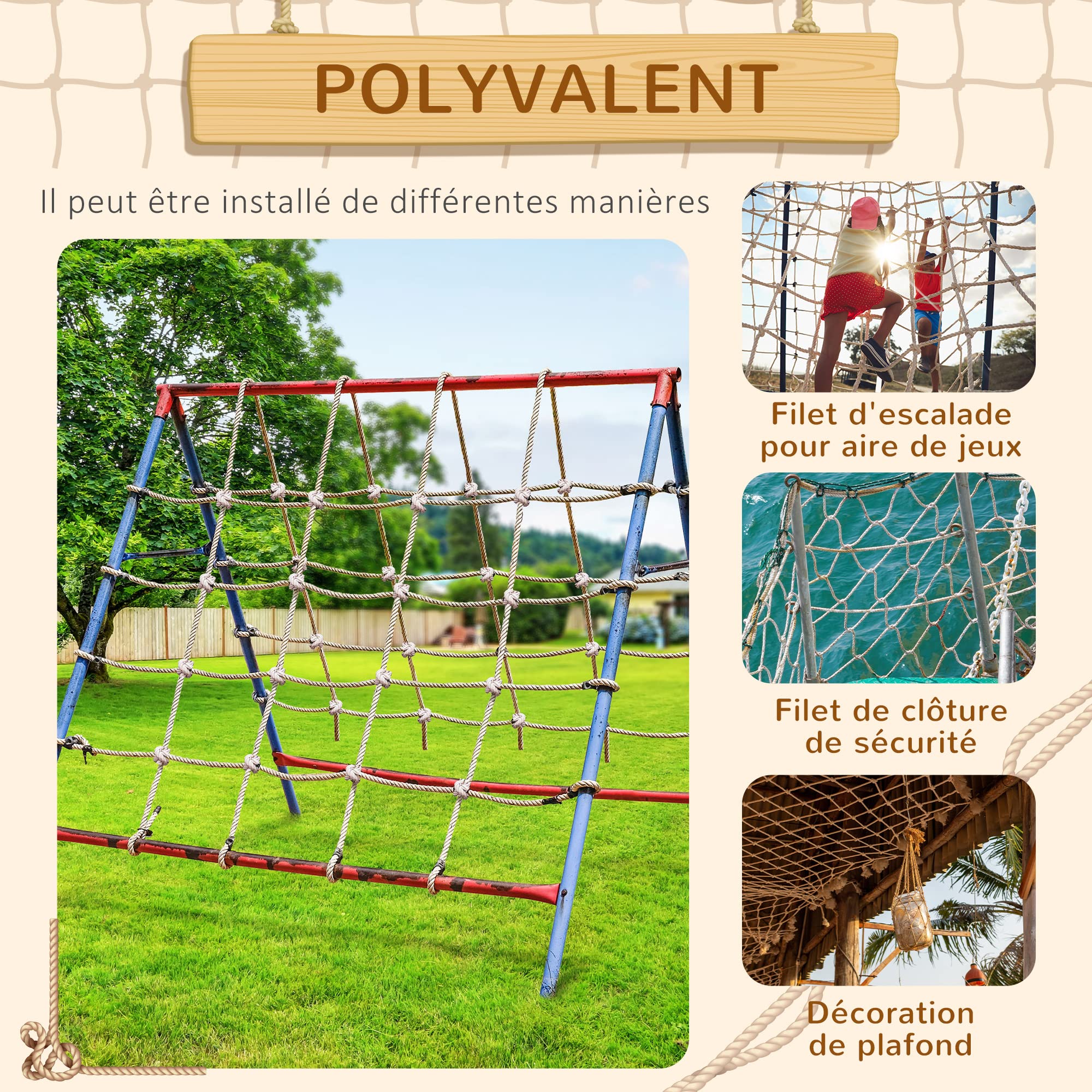 Outsunny Filet d'escalade Enfants 3-6 Ans Plein Air Ninja 1,5x2 m Marron | Filet Décoratif de Corde en PE, Aire de Jeux, Terrain d'Obstacle