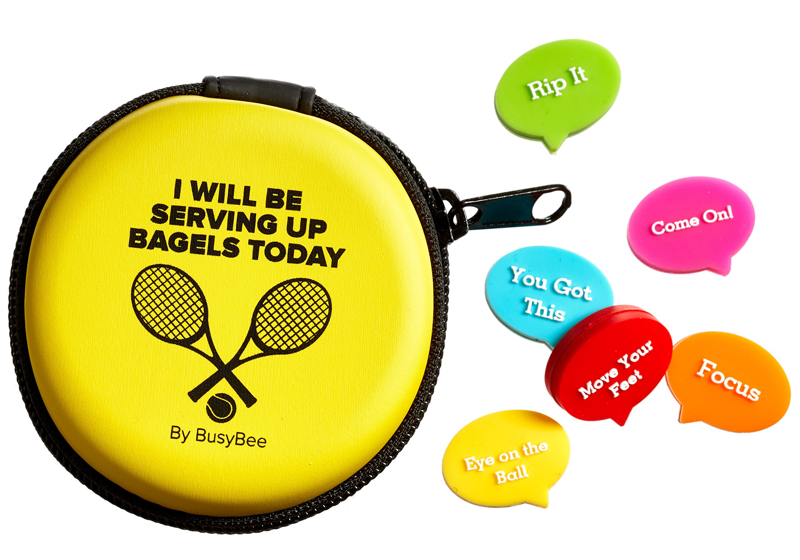 BusyBeeVibration Dampener in Fun Zipper Pouch. Best Tennis Shock Absorber (Pack of 6) plus a Bonus: Exclusive Mobile App 3 Months Trial