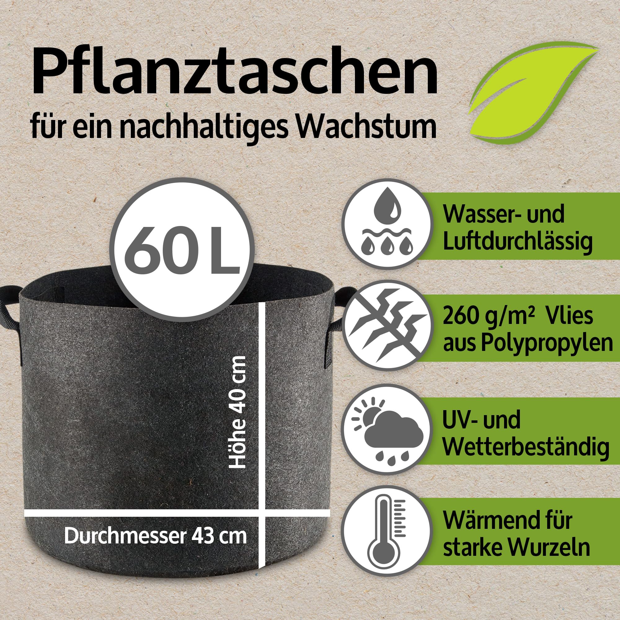 zooprinz Premium 30 L oder 60 L Pflanztaschen aus dickem Vlies – Pflanzsäcke perfekt für Blumen, Tomaten, Kartoffeln und Co – mit stabilen Tragegriffen – Perfekt für Garten & Balkon
