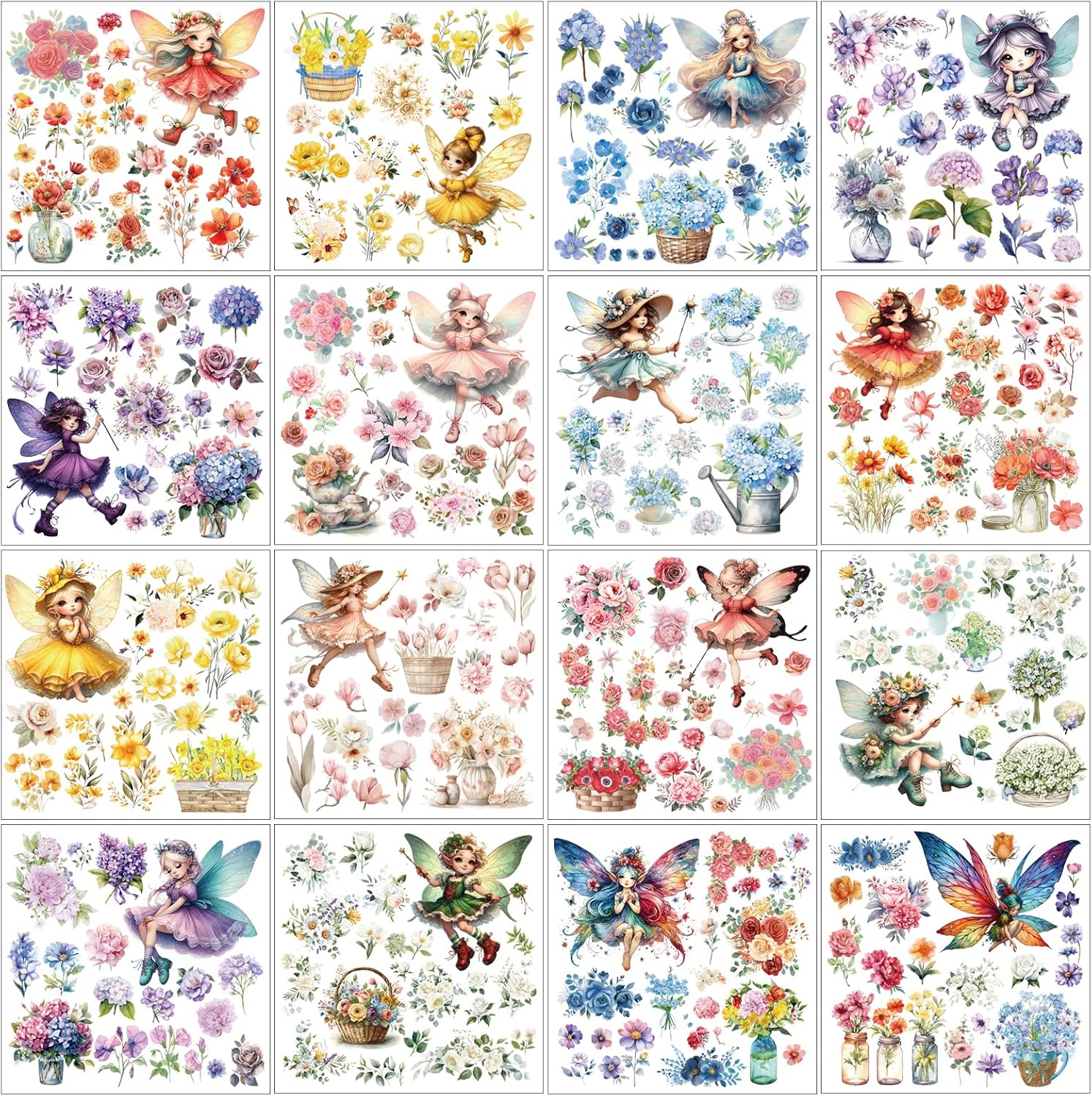 Rub on Transfers for Furniture Crafts Stickers - 16 Sheets Colorful Fairy Floral Watercolor Flower Decals Designs for Wood Scrapbook Dressers DIY Home Decor 5.7 x 5.7 Inch