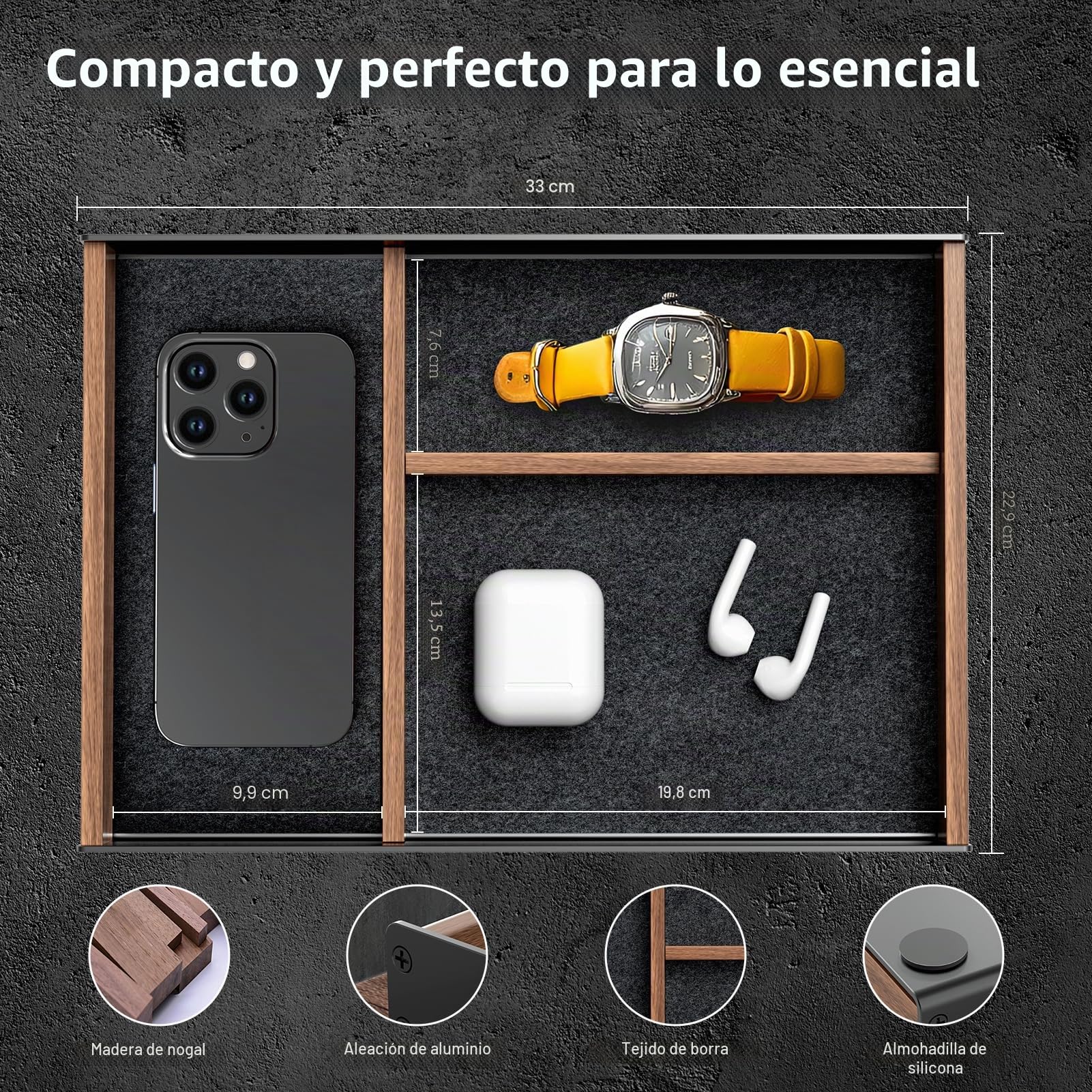 Bandeja de escritorio de madera, organizador de cajón, valet para hombre de aluminio y nogal, accesorios de oficina estéticos, hogar, suministros, llaves, bolígrafos, relojes