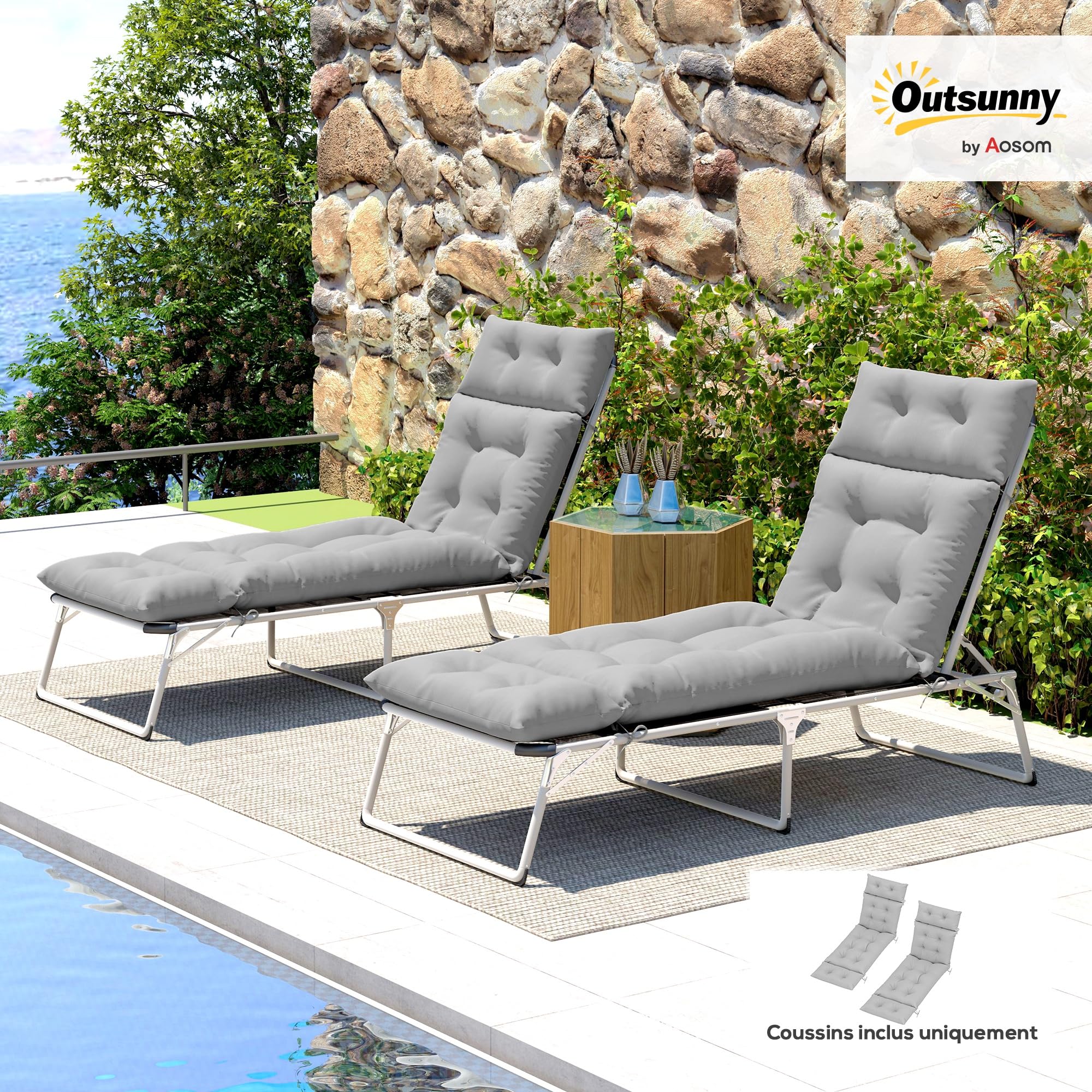 Outsunny Lot de 2 Coussins de Chaise Longue Coussin Bain de Soleil - épais, Confortable et rembourré - Matelas transat avec 6 Attaches, 190 x 56 x 10 cm, Gris Clair
