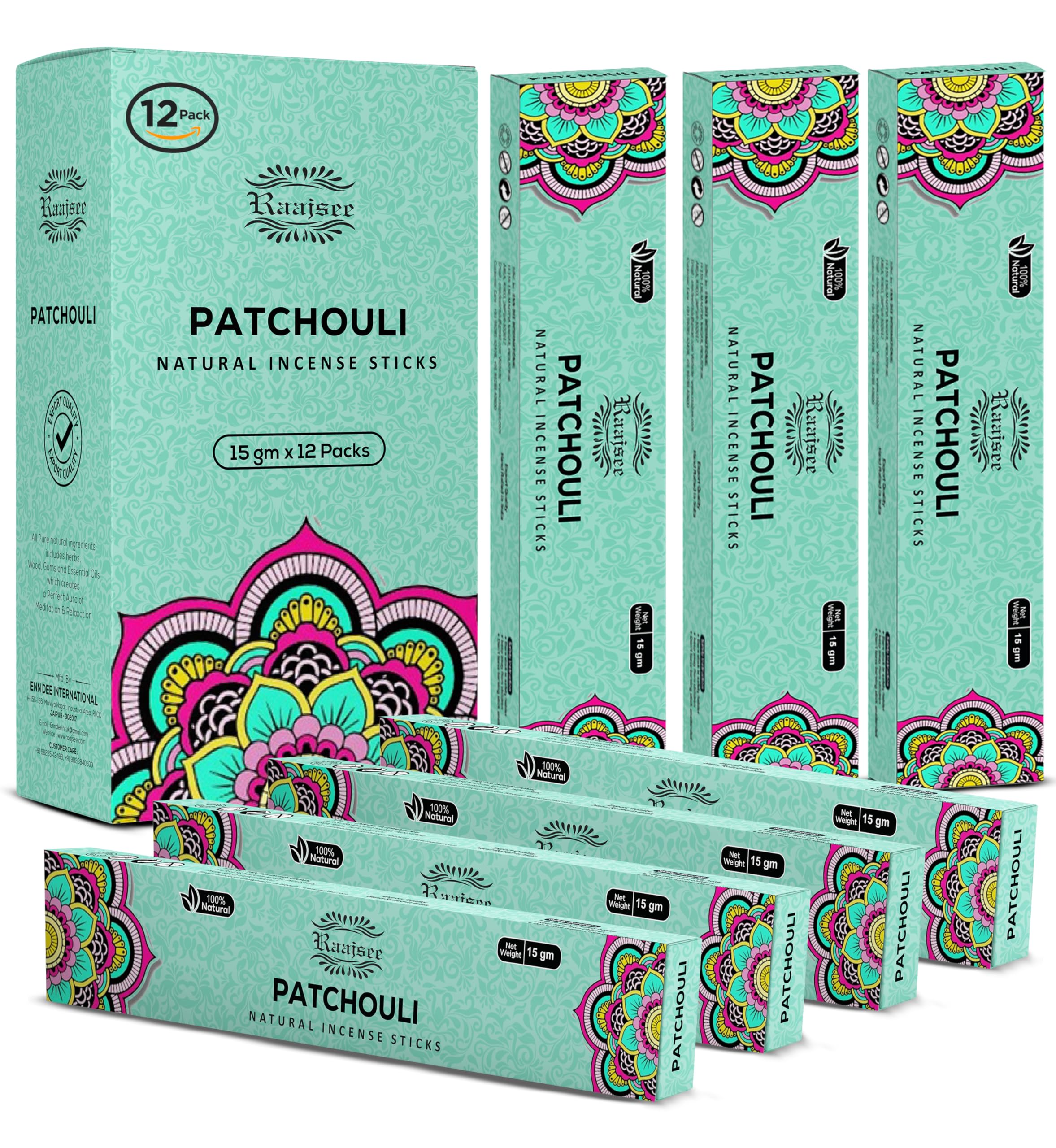raajsee15 GMS x 12 Pack Patchouli Incense Sticks,100% Pure Organic Natural Hand Rolled Free from Chemicals - Perfect for Aromatherapy,Meditation