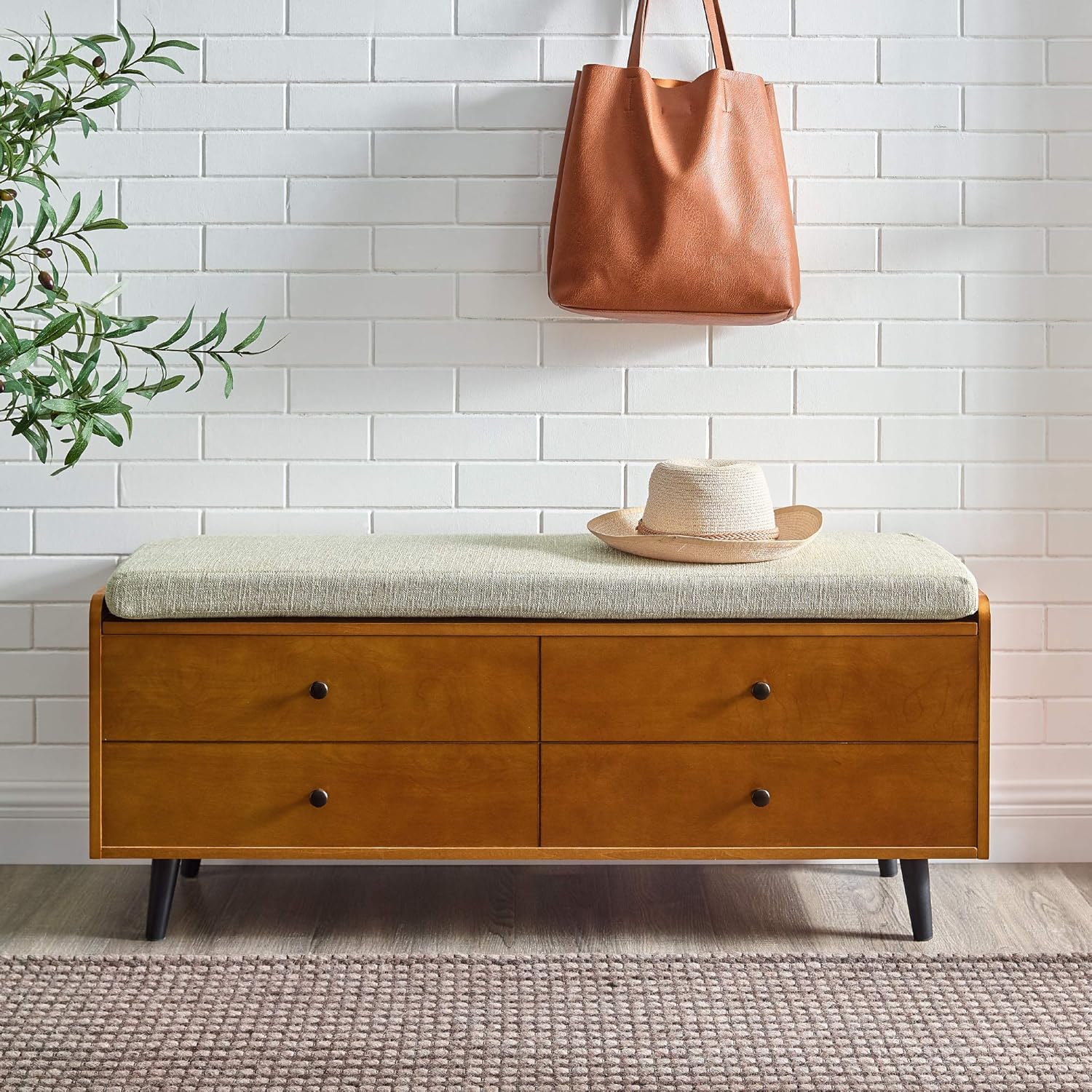 Walker Edison Mid Century Modern Wood Entryway Bench with Cushion Hallway Mudroom Metal Bedroom Bench Ottoman, 46 Inch, Acorn : Everything Else