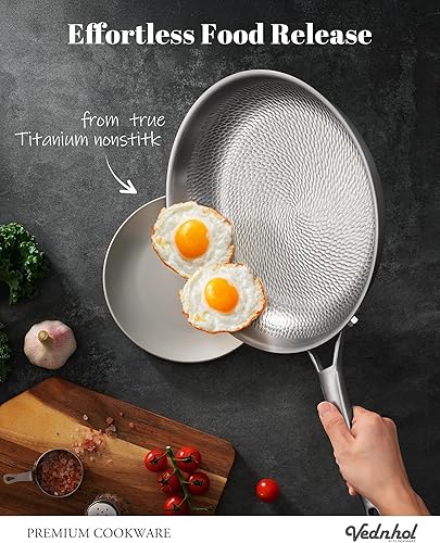 Miniatura 4 de Sartén de titanio, 12 pulgadas de titanio puro martillado Pro con tapa, sartén antiadherente para cocinar, no tóxico, sin PFASPFOAPTFE, apto para